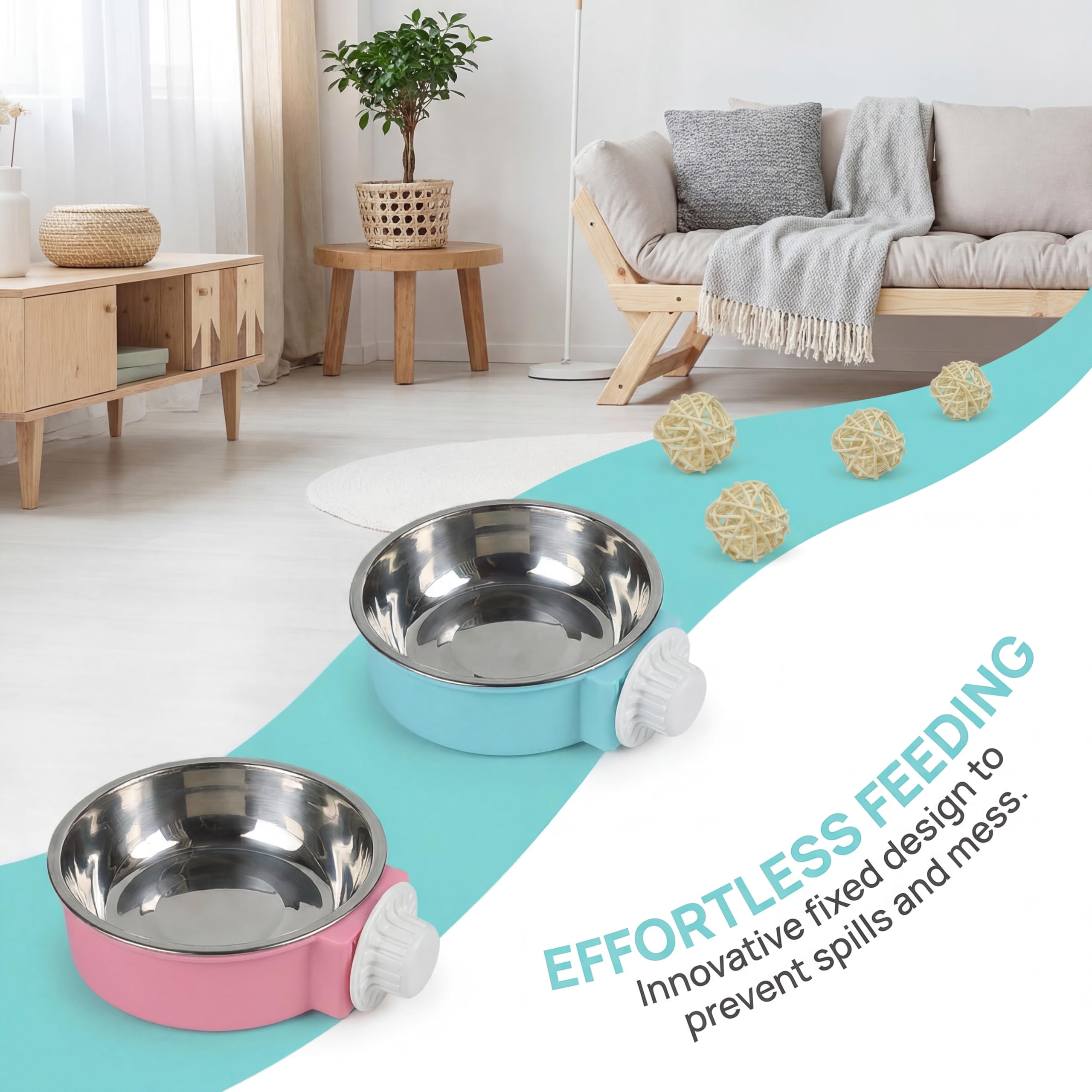 2PCS Cuenco Colgante para Jaula, Comedero Colgante Perro y Conejo con 4 Bolas de Mimbre, CuencoColgante 2 en 1 Extraíble de Acero Inoxidable para Hámster, Cobaya, Chinchilla y Animal Pequeño — view 7