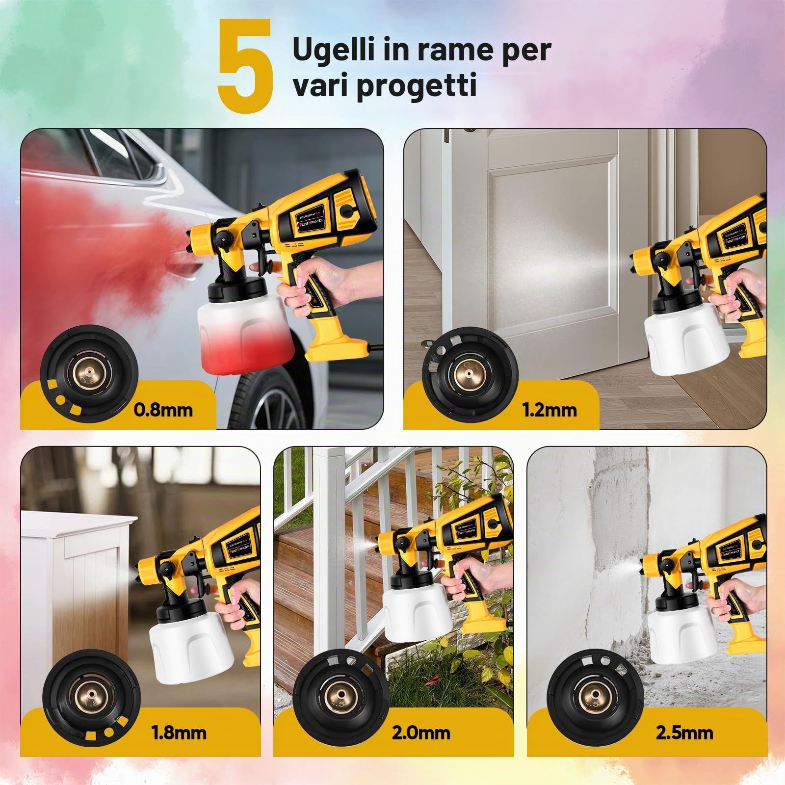 Pistola a Spruzzo,1400ml 800W HVLP Pistola a Spruzzo per Verniciare da 5 Ugelli e 3 Modalità,Capacità pistola a spruzzo elettrica, Per Vernici & Pareti & Interni ed Esterni（Giallo）