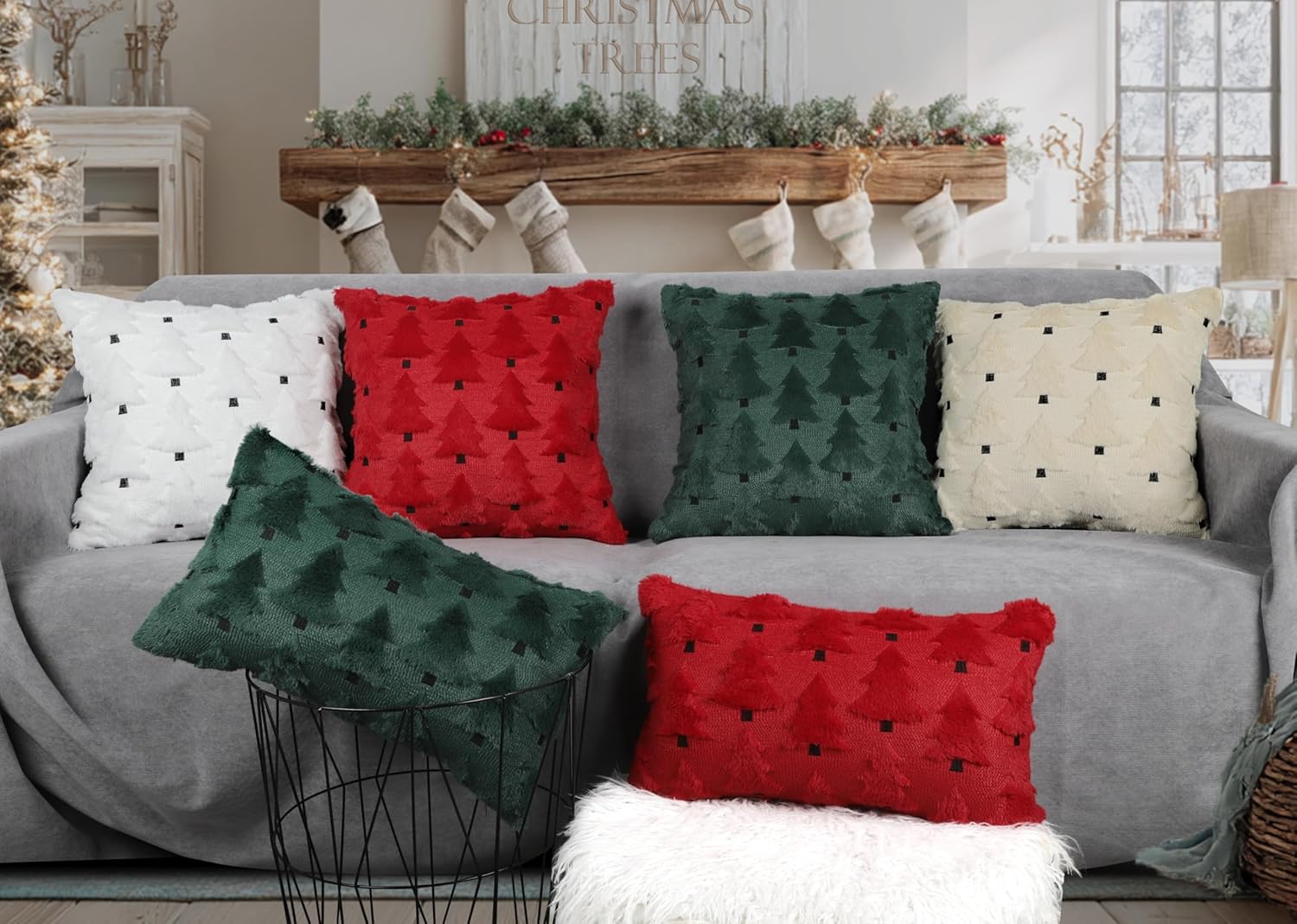 4TH Emotion Christmas Trees Decorative Pillow Covers 18x18 Set of 2, Green Soft Plush Faux Fur Farmhouse Throw Cushion Cases for Xmas Winter Holiday Home Decor