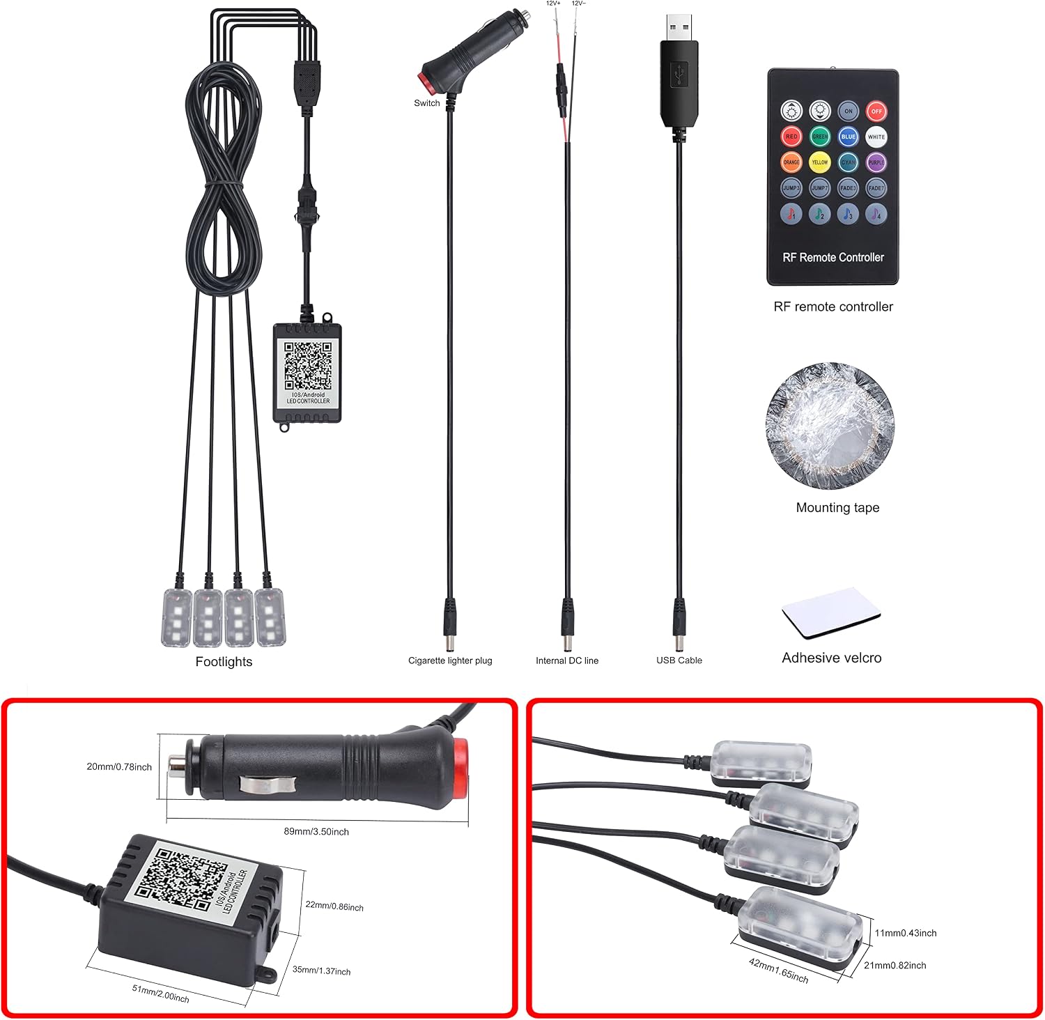 Car Ambient Lighting 64 Colors Multicolor Music Footwell Lighting RF Remote Controller + APP Control Car DIY Decorative Atmosphere Lighting Kit DC 12V 1W