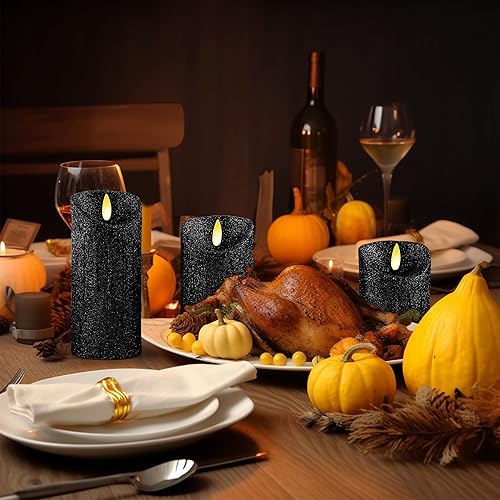 Miniatura 5 de CVHOMEDECO. Juego de 3 velas LED parpadeantes sin llama con purpurina que funcionan con pilas para el hogar, boda, Halloween, decoración de Navidad.
