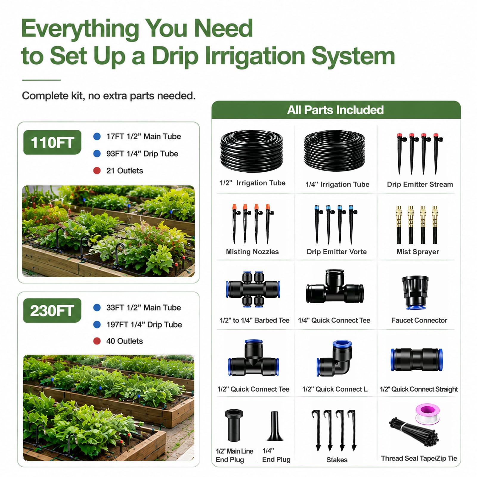 Sistema di irrigazione a goccia da 60 m, kit di irrigazione da giardino con tubo principale da 1,27 cm, tubo da 197 m, 40 emettitori regolabili, nebulizzatori e spruzzatori per serre per