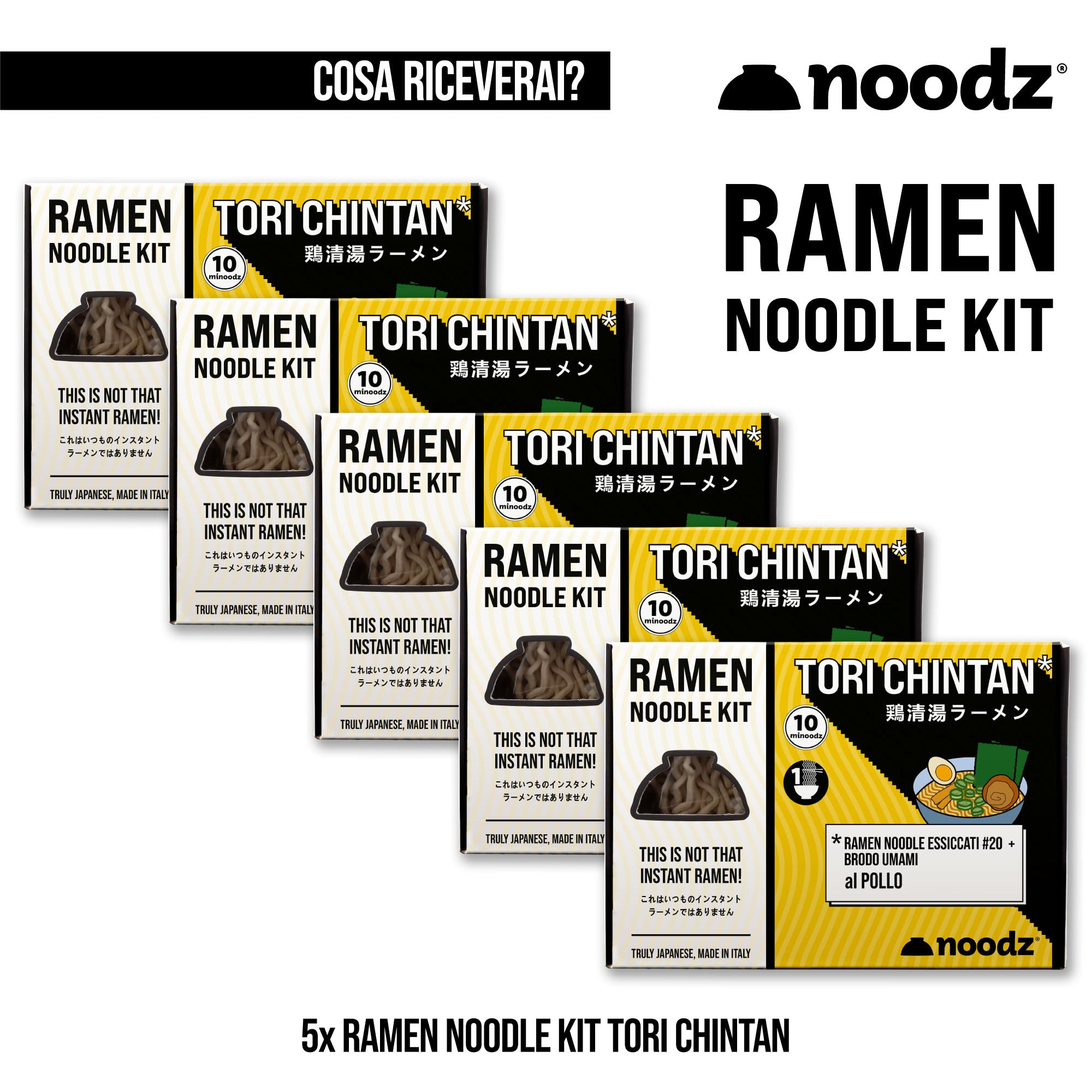 Noodz Ramen kit Pollo: noodle di grano italiano + brodo umami. Artigianale, Made in Italy. Cottura 4 min. (5 pz x 132g)