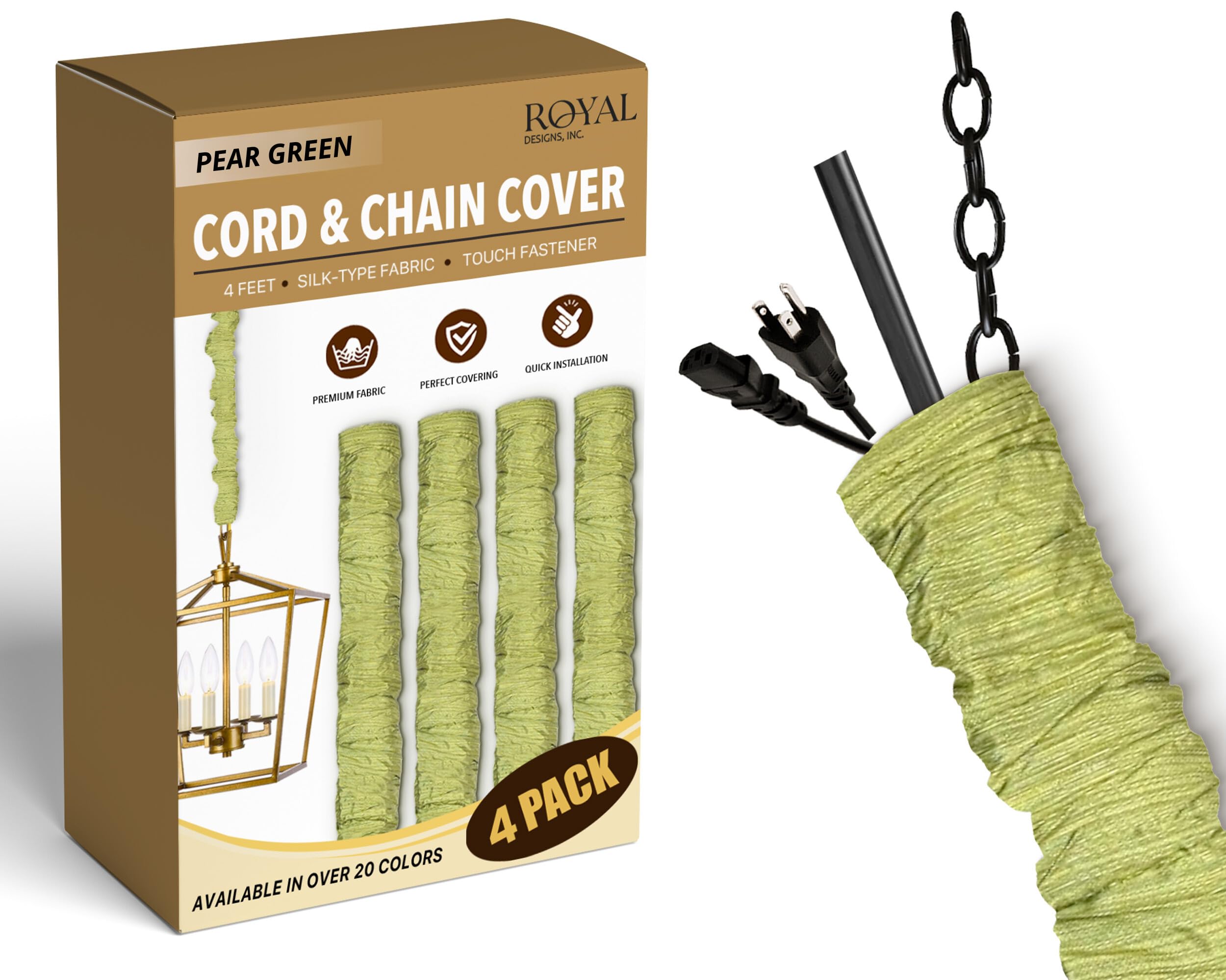 Royal Designs, Inc. Cord &amp; Chain Cover 4 ft Silk Type Fabric, Chandelier Pendant Lighting Chain &amp; Cable Management, Touch Fastener, Pear Green - 4 Pack