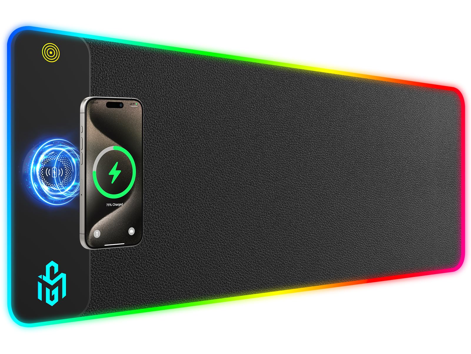 GIM PU-Leder kabelloses Ladekissen RGB Gaming Mauspad 15W, LED Mausmatte 800x300x4MM, 10 Lichtmodi extra großes Mauspad mit Rutschfester Gummibase Computer-Tastaturmatte für Gaming (Schwarze-PU)