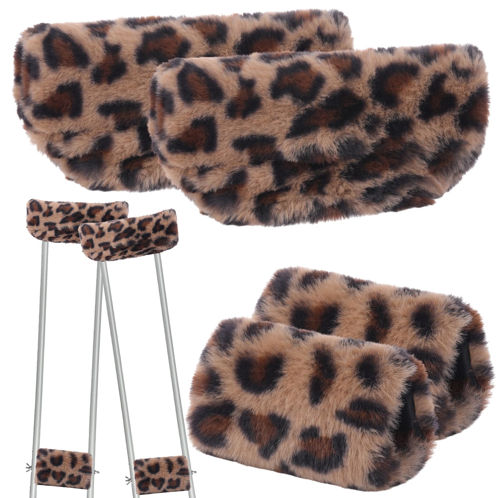 Threlaco Crutches Padding Universal Crutch Pads for Armpits and Hand Grips Faux Fur Padding for Underarm Soft Fluffy Crutch Pads Underarm Crutches Covers Set Accessories for Armpits(Leopard)