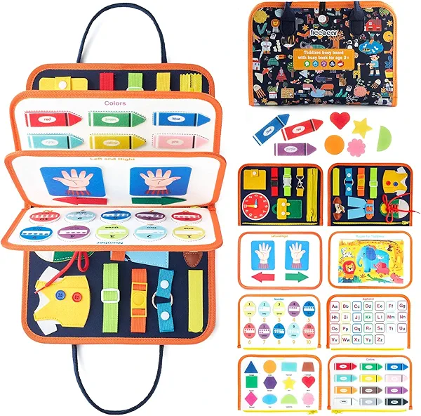 Freebear Busy Board Toddler Travel Sensory Toys for 1 2 3 4, Montessori Learning Activities Board, Educational Toys for 3 4 Year Old Boys Girls Gift, Classic
