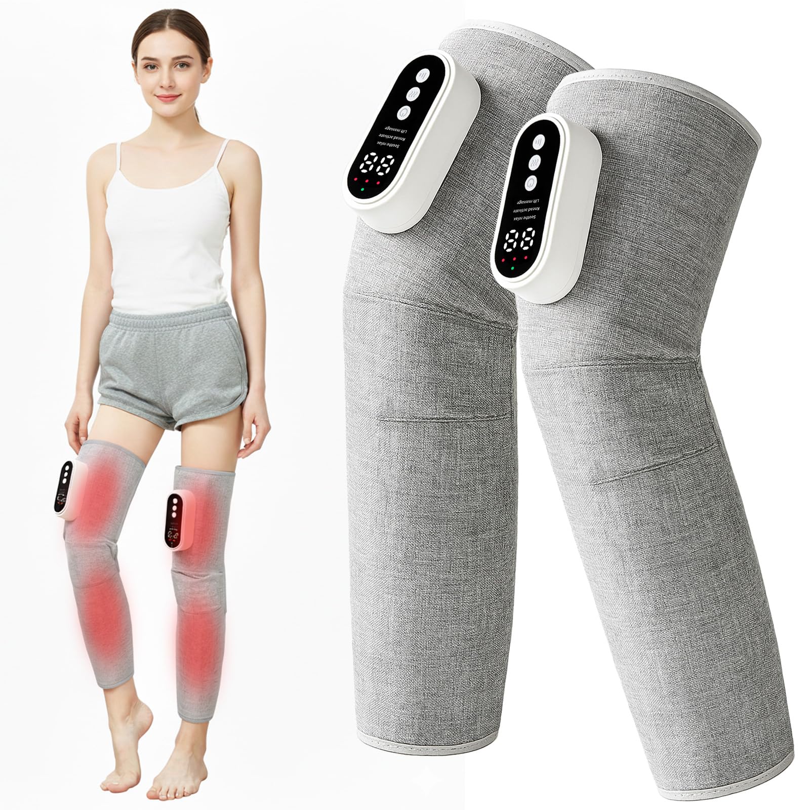 Lot de 2 masseurs de jambes sans fil avec chauffage et compression d'air – Masseur de mollet avec 3 modes et intensités pour soulager les muscles, drainage lymphatique, masseur de jambes réglable pour