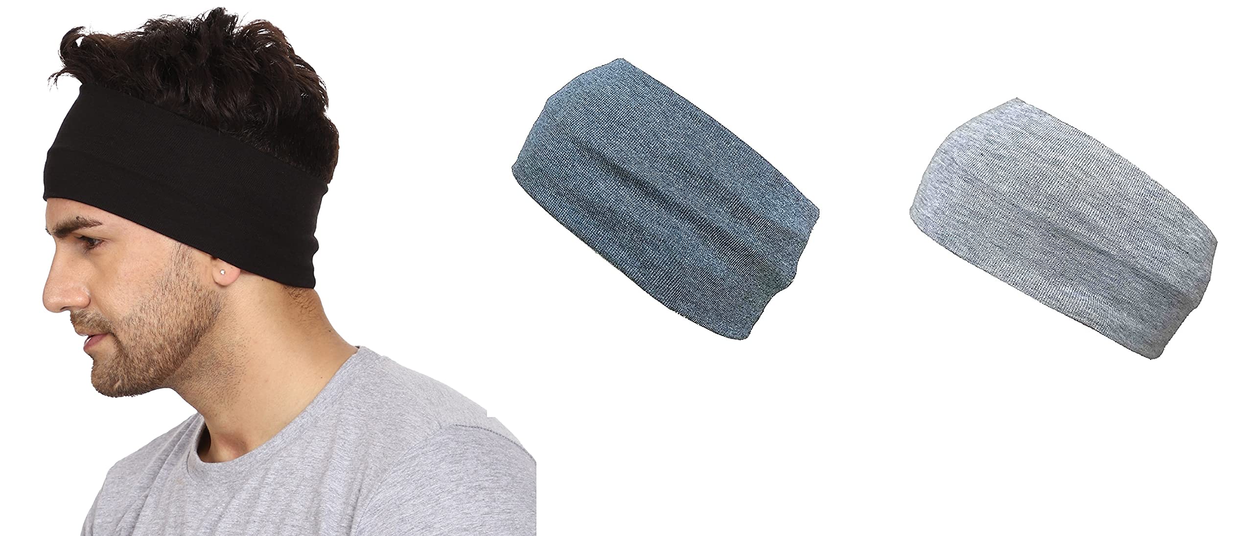 Gajraj Wide, Moisture Wicking and Non-Slip Exercise Workout Cotton Headband for Men and Women (Pack of 3) (Black-Grey-Light Grey)