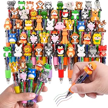 LiYiQ 50 Pcs Animals Multicolor Pen in One Cartoon Cute Fun 4-in-1 Cute Pens Bulk Kawaii Bear Cow Cat Elephant Tiger Lion Rabbit Monkey and Frog Shapes Cool Ballpoint Pens for Fun Gifts