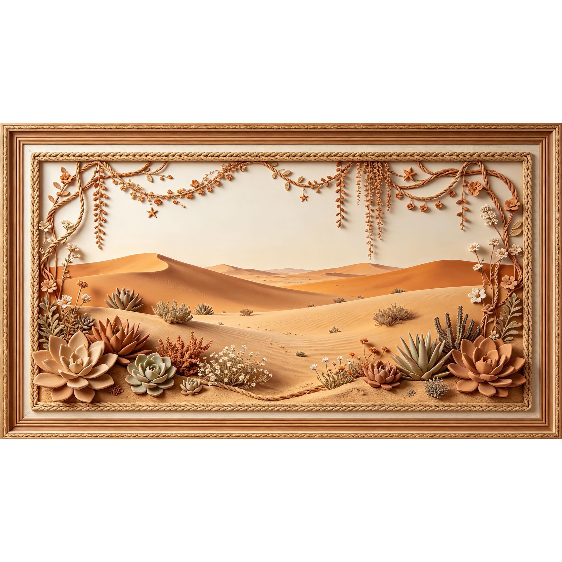 QZLITHOTIC 50×90cm3D Framed Wall Art， Desert Dune Botanical Succulent Self?Adhesive Mural， Water?Activated Peel & Stick Fabric Decor Wall Decal for Bedroom Living Room