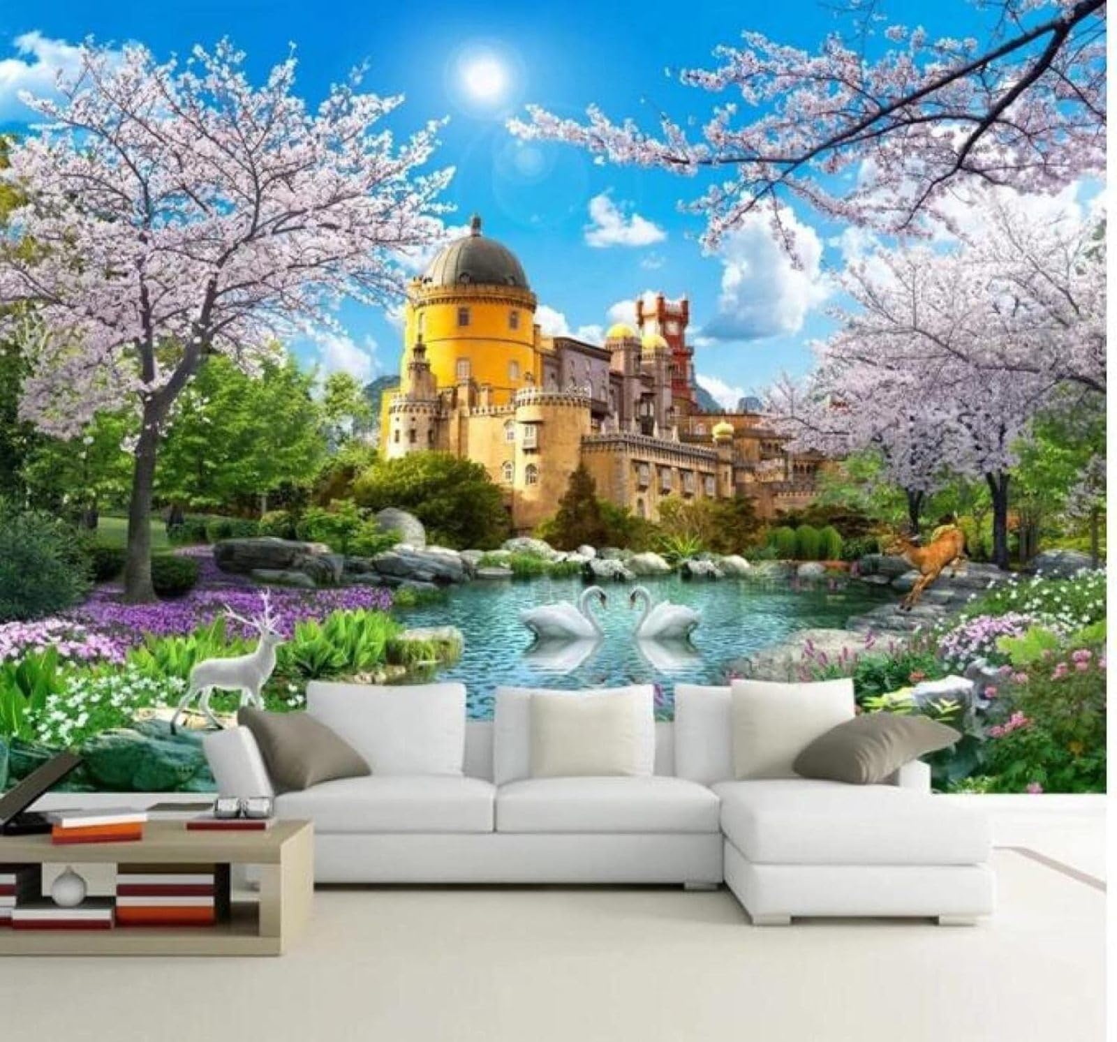 Xlming 250Cm×170Cm(B×H) Beautiful Castle Cherry Blossoms River Natural Scenery 3D Wallpaper Luxury Home Dining Decor Paste Sofa Living Room The Wall For Bedroom Mural-250Cm×170Cm
