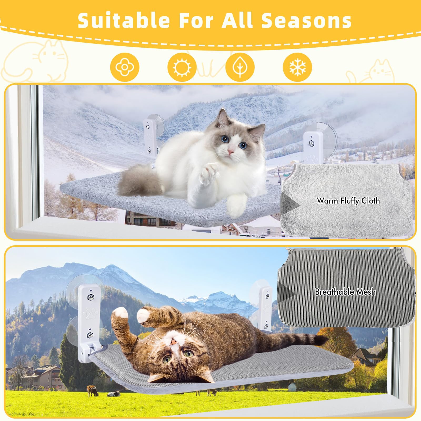 Hamaca para ventana para gatos, cama de felpa, 45 x 30 cm, plegable y estable, 4 ventosas fuertes de hasta 18 kg (gris)