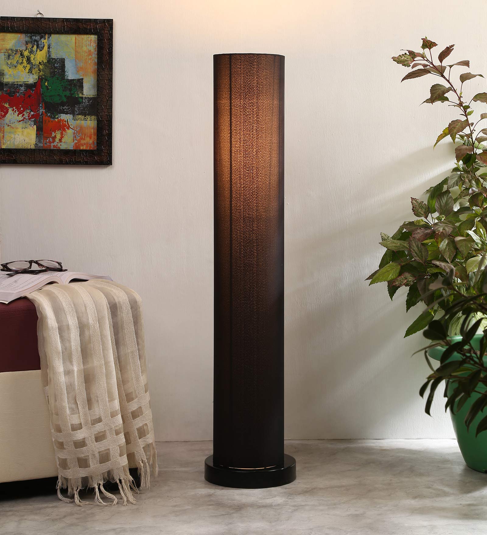 LED Light Corner Floor Lamp with Wooden Base - Height 33 Inches | for Home Decor, Living Room, Bedroom, Hotel & Office | Standing Modern Lampshade (Cotton Shade, Color-Black) Round Square Base-image-40