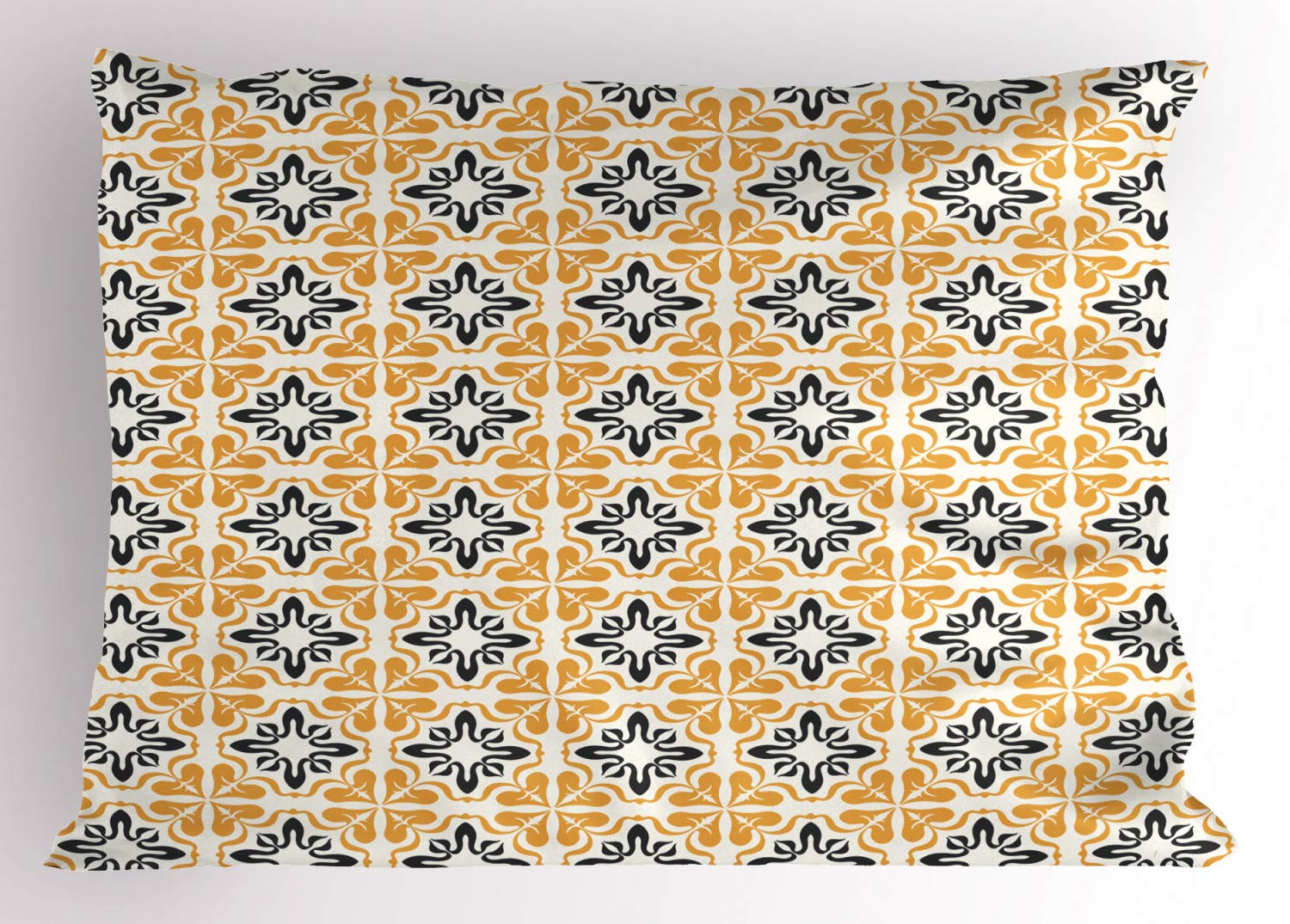 Ambesonne Mosaic Pillow Sham, Traditional Moroccan Portugal Pottery Tile Effect Geometric Floral Motifs, Decorative Standard King Size Printed Pillowcase, 36" X 20", White Apricot Black