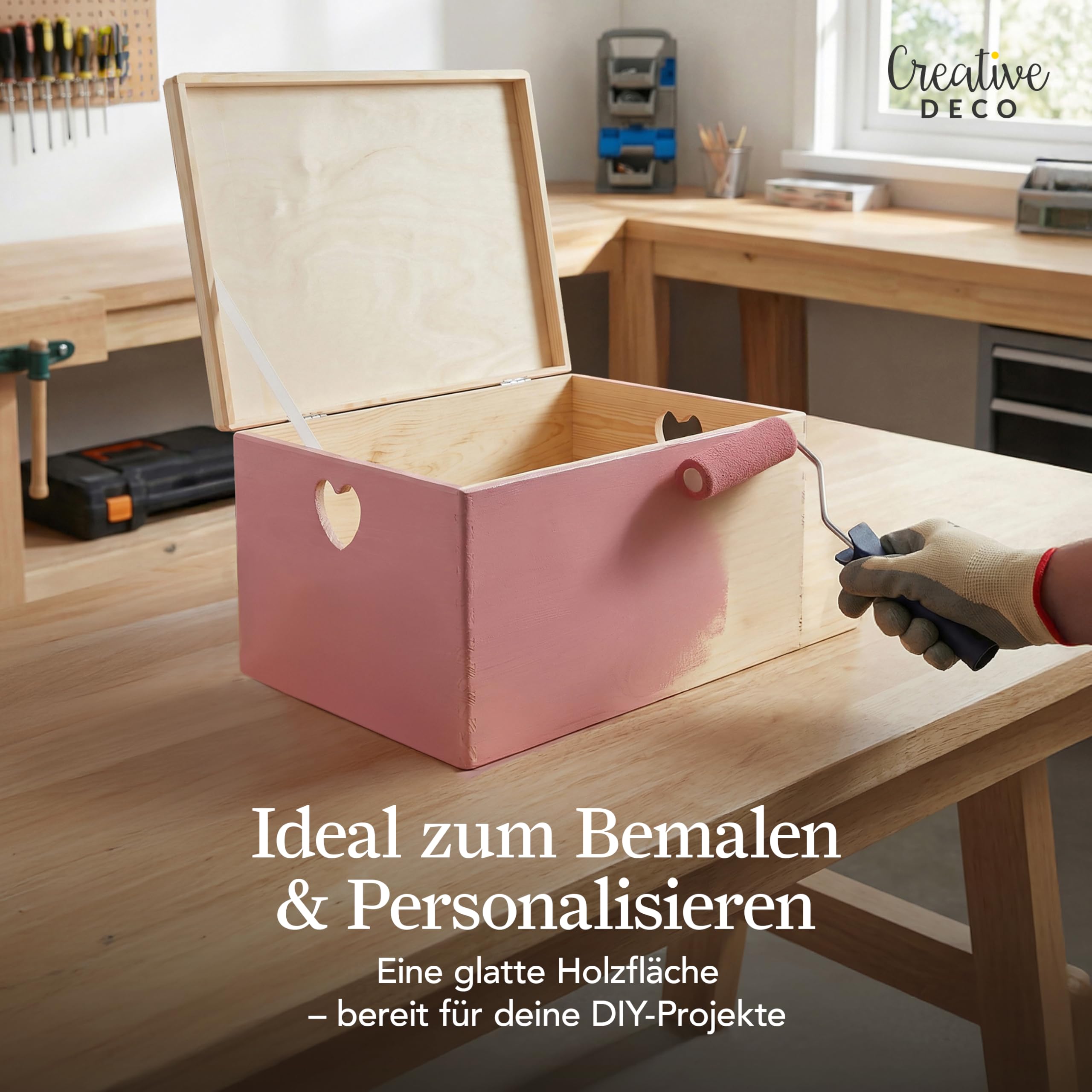 Creative Deco Holzkiste mit Deckel | 40x30x24 cm (+/-1cm) | Erinnerungsbox Baby Groß Holzbox Unlackiert Kasten | Herzförmigen Griffen | Für Dokumente Ostern Spielzeuge Werkzeuge ROH UNGESCHLIFFEN