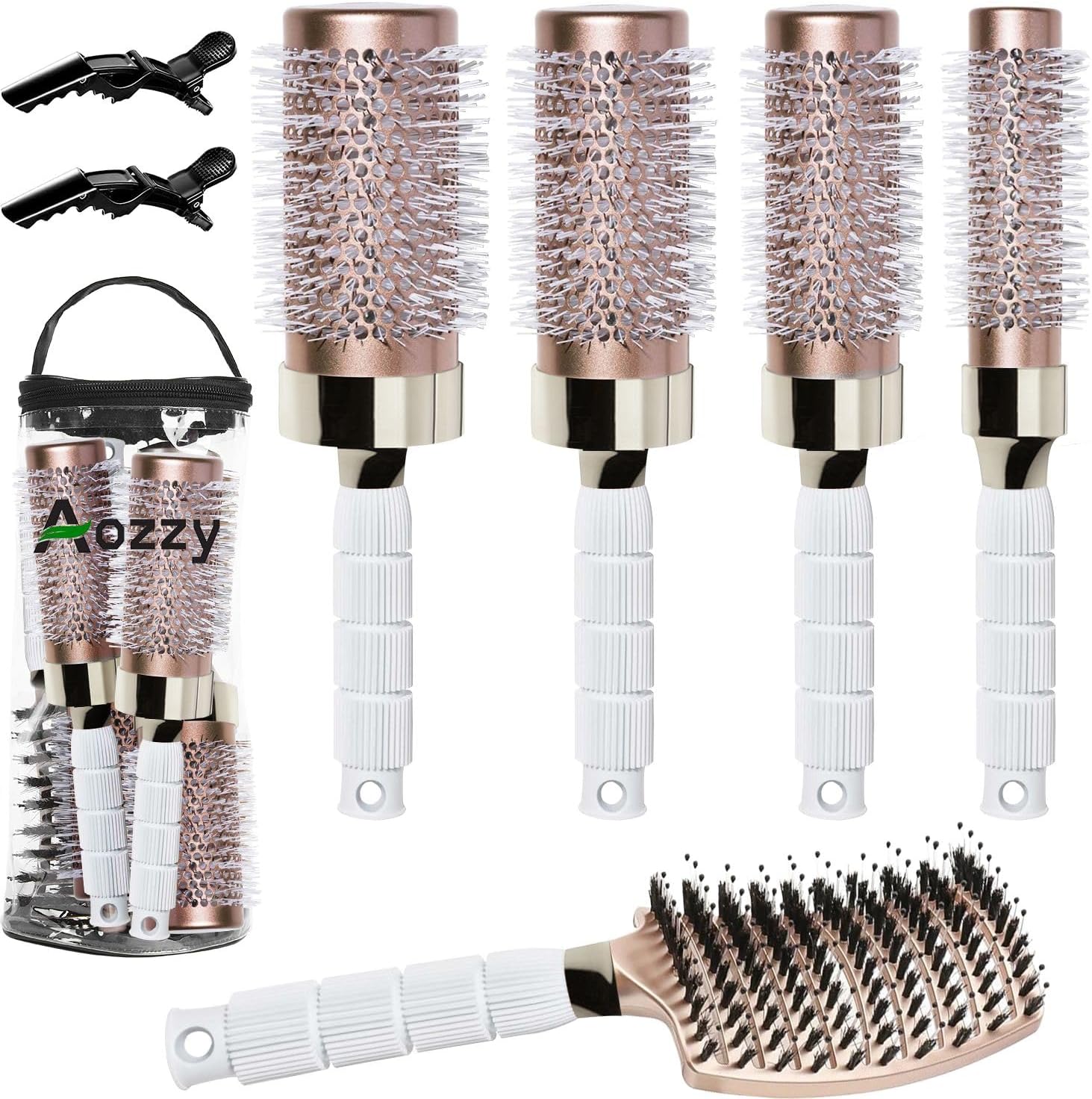 Round Brush Set with Boar Bristle Curved Vented Hairbrush for Styling, Drying, and Healthier, Shinier Hair