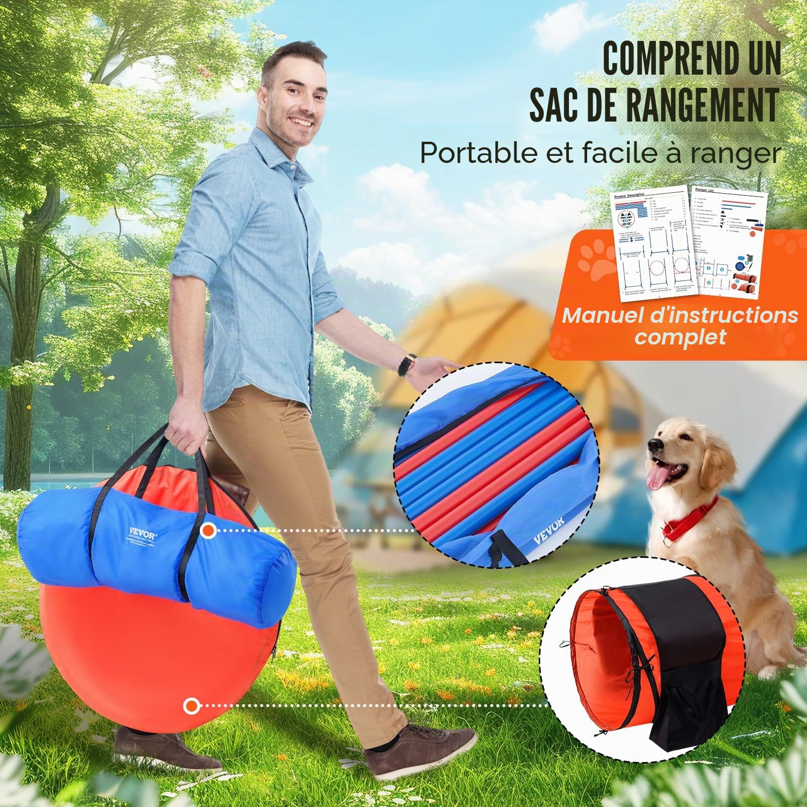 VEVOR Kit Équipements d'Entraînement Agilité pour Chien, Ensemble 7PCS, Parcours Obstacles pour Chiot, avec Haies Hautes Réglables, 6 Poteaux, 2 Tunnels, Anneau de Saut, Boîte Pause, Sifflet, Bol