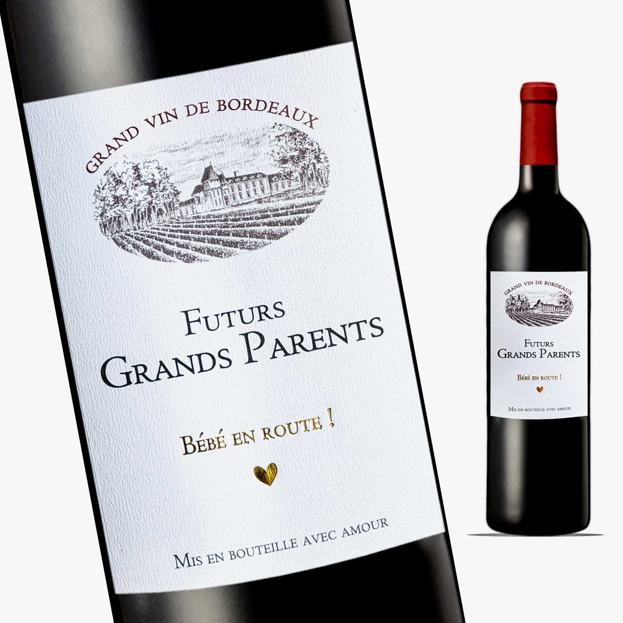 Set of 2 Bordeaux Wine Bottle Labels for Pregnancy Announcement – Château Grande Nouvelle – Future Birth Announcement for Grandpa – Granny – Tonton – Tata – Family – Friends