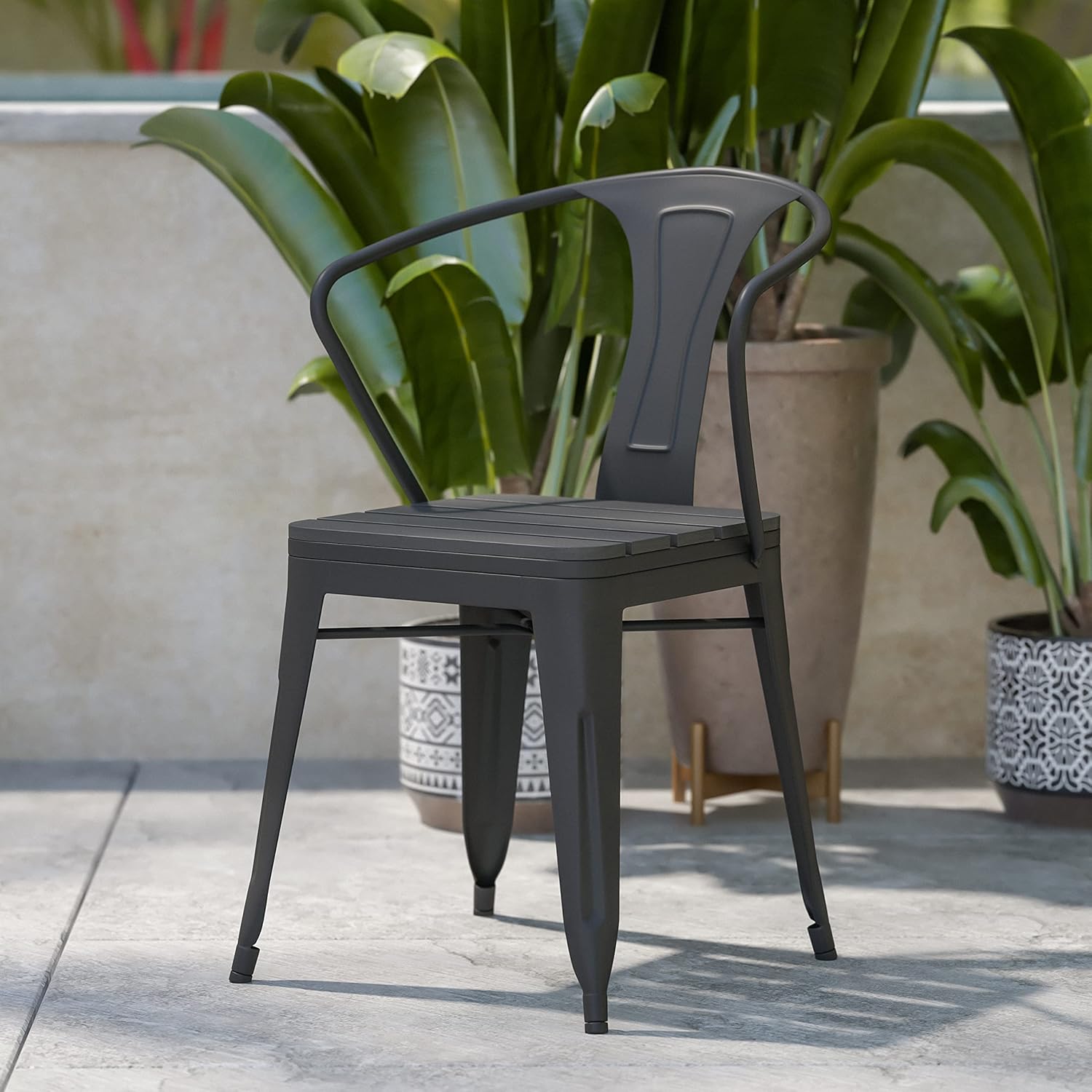 Flash Furniture Helvey Set of 2 Commercial Indoor/Outdoor Chairs - Black Poly Resin Slat Seats - Black Vertical Slat Back Steel Frames - Stackable up to 8 Chairs High