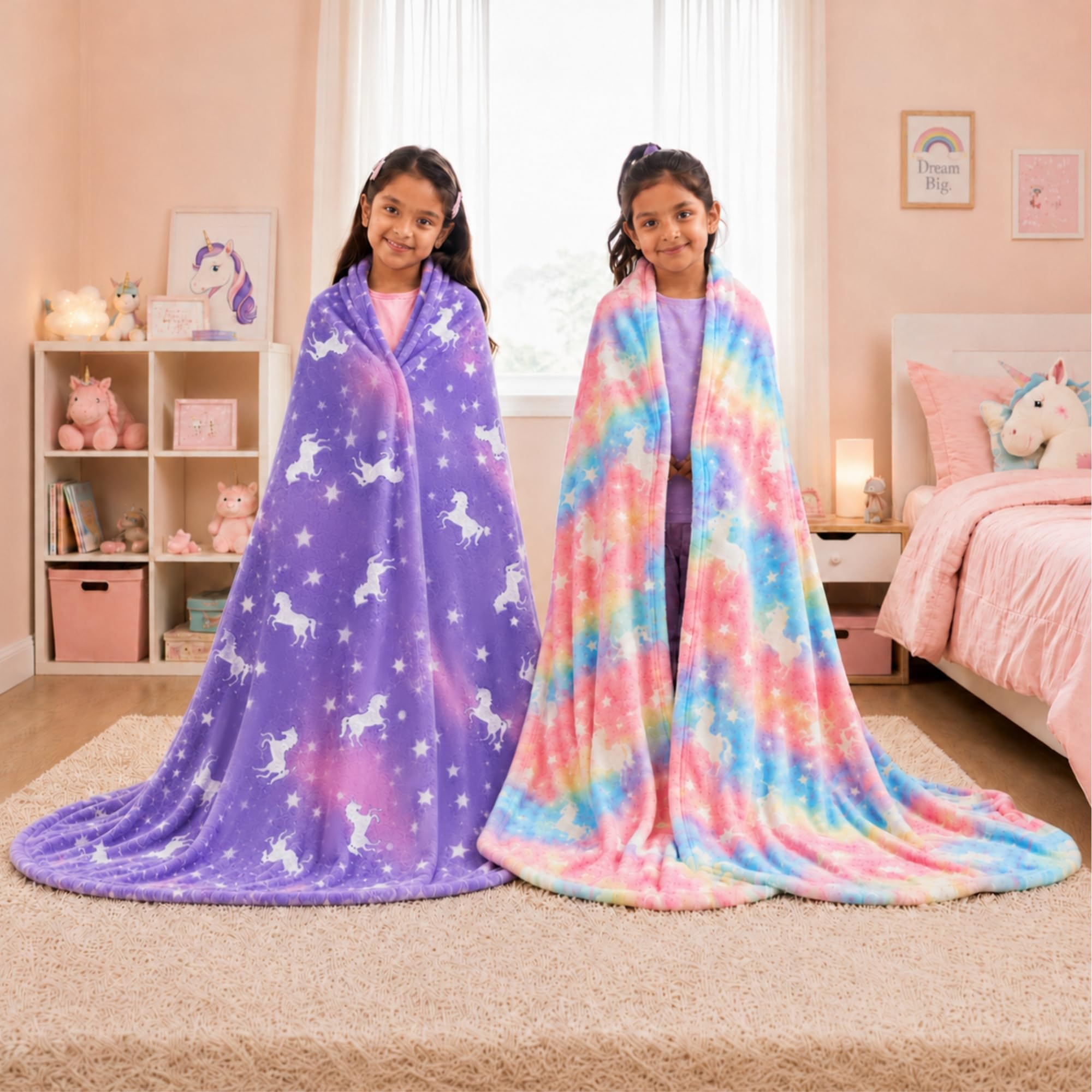 Famyo Glow in The Dark Flannel Fleece Winter Blanket Combo 200x152 cm | Soft cozy double/queen size blanket with unicorn pink & purple design, warm all-season throw for kids, bedroom & gifting