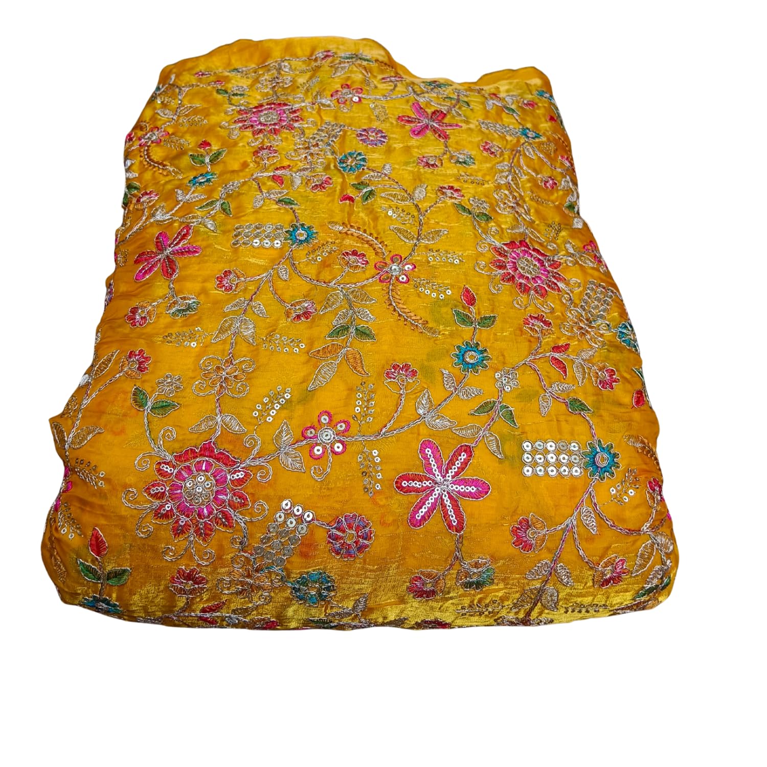 Fabric with Multicolred Flower Zari and Thread Work Floral Pattern, Shimmering Design for Women Blouse, Lehenga and Dress(1 Meter)(Yellow)-image-48