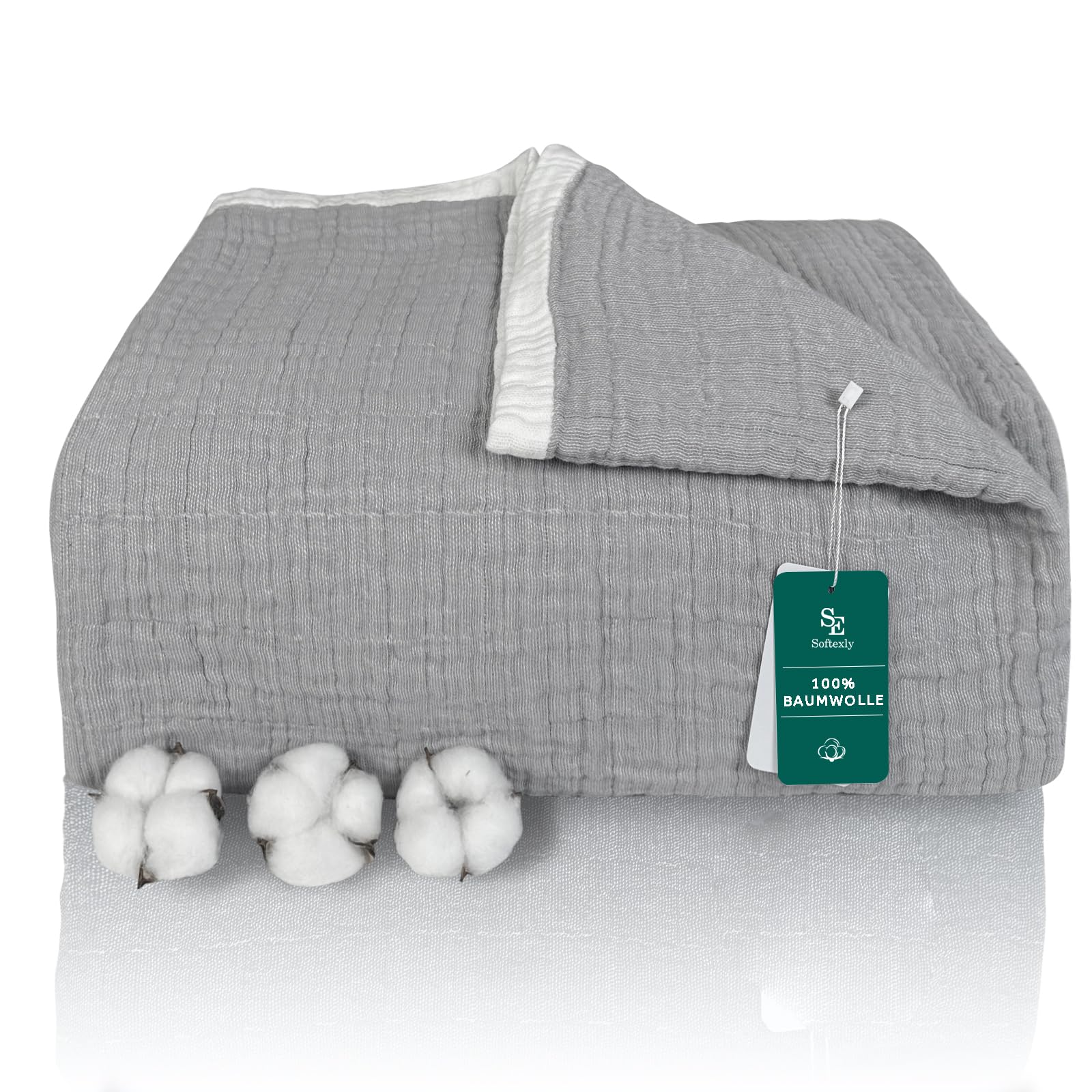 SE SOFTEXLY Coperta Morbida Grigio,Coperta di Cotone Coperta Fluffy di Alta Qualità,Coperta in Mussola di Cotone Leggera e Confortevole per Tutta la Stagione,150 x 200 cm