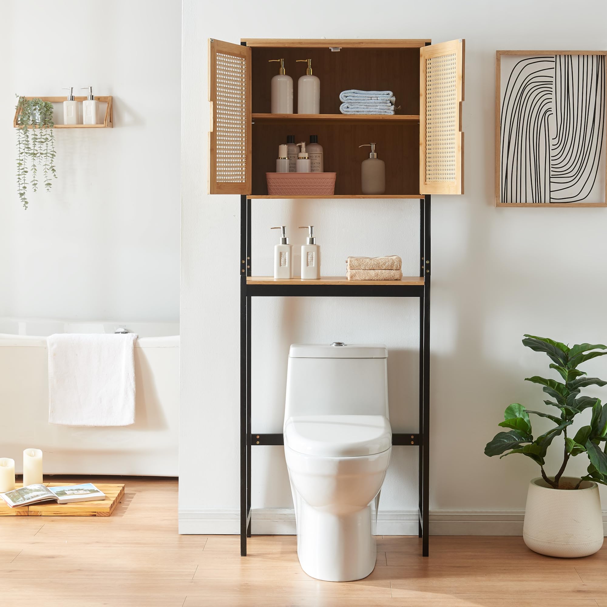 [en.casa] Toilettenregal Tervola Toilettenschrank Waschmaschinenschrank mit 2 Türen in Rattanoptik 172 x 63 x 27 cm Badregal Bambus Überbauschrank Schwarz und Naturfarben