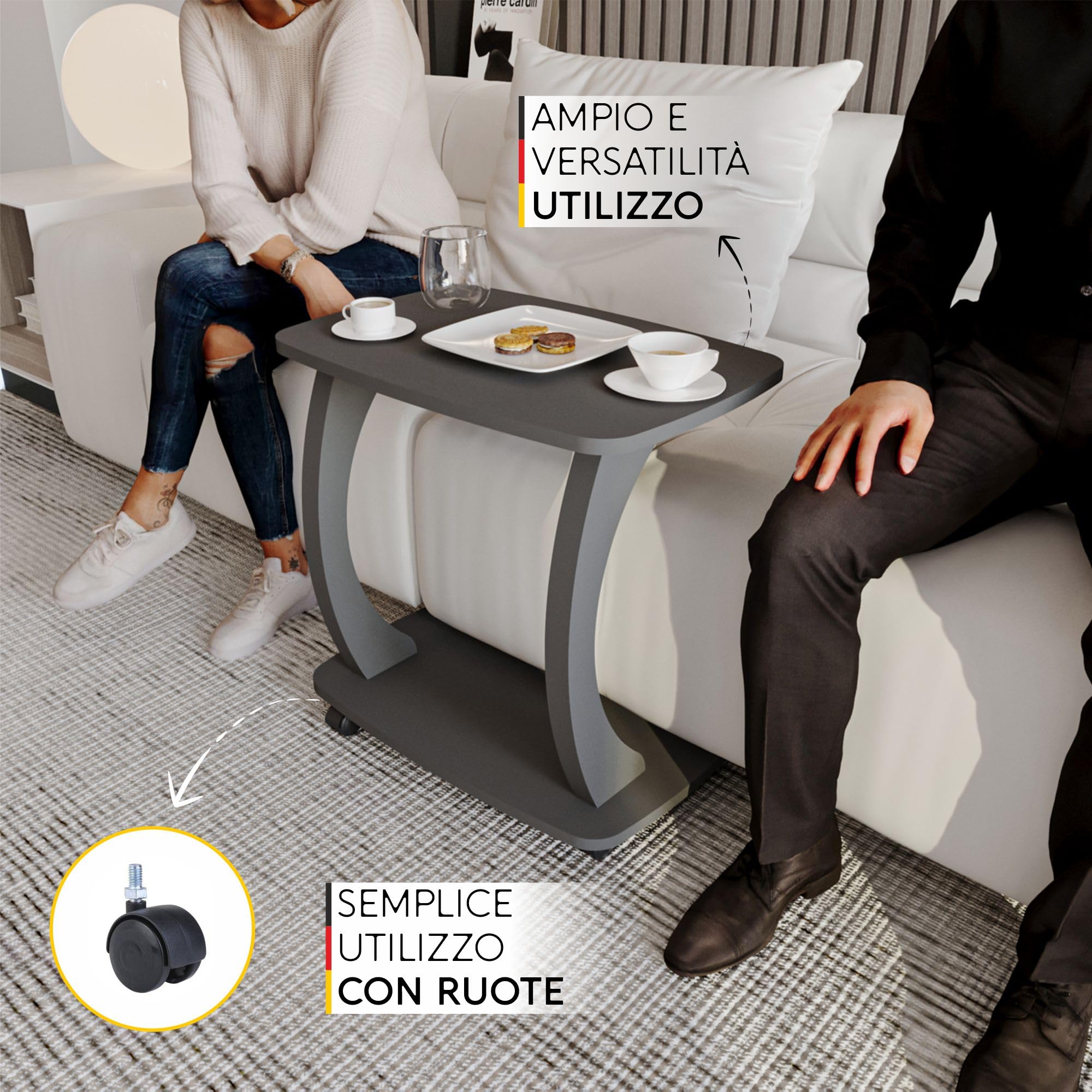 sugodesign Tavolino Divano con rotelle, Piccolo tavolo da salotto, Tavolino da caffè in stile elegante, Piccolo tavolo per soggiorno, Superficie ideale per laptop, tazze (Antracite)