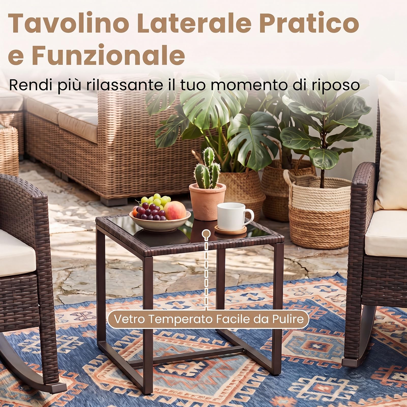 SOARS Salotto da Esterno 3 Pezzi in Rattan, Set Mobili da Giardino con 2 Poltrone a Dondolo, Tavolino da Caffè in Vetro Temperato e Comodi Cuscini con Fodera Lavabile, per Balcone, Cortile (Beige)