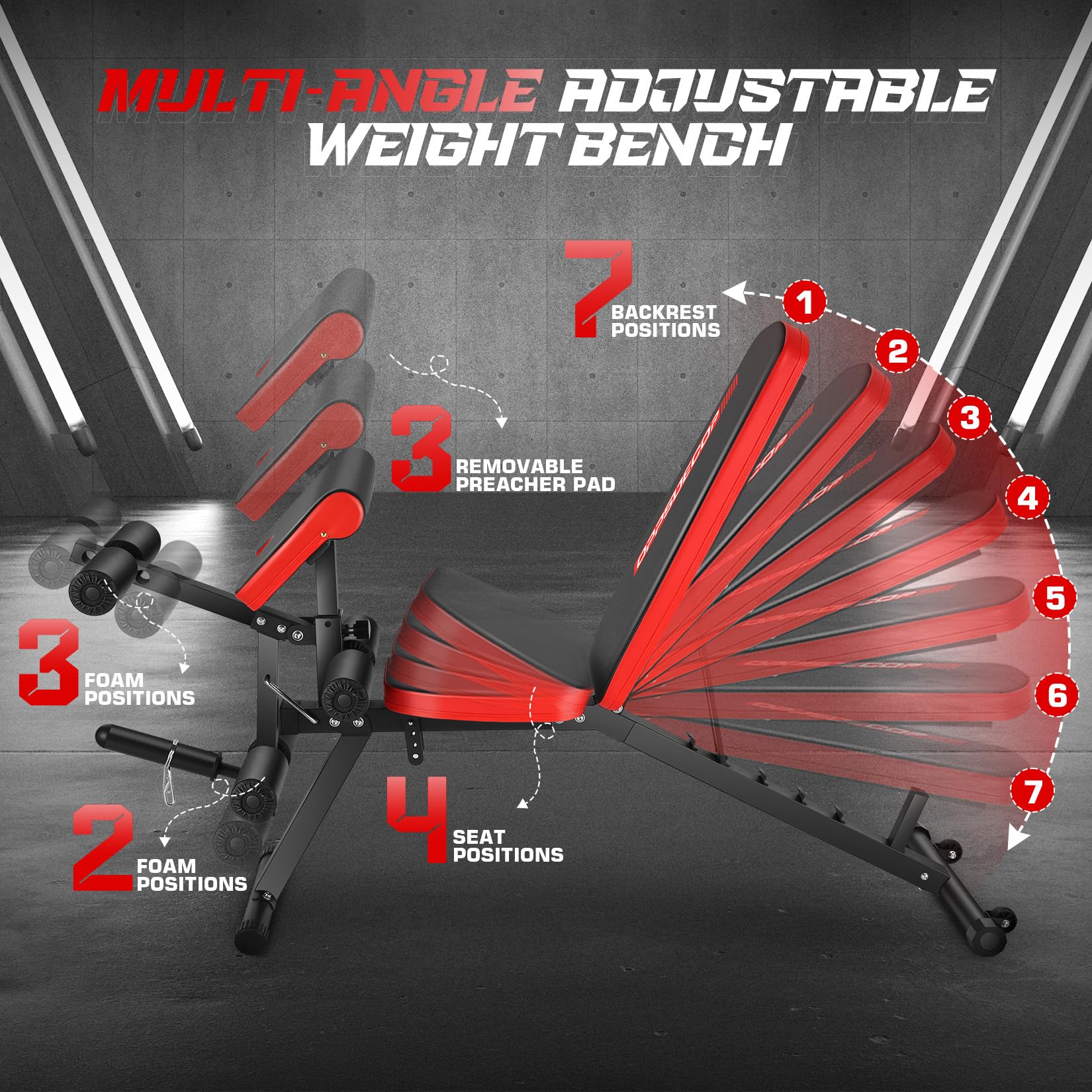 Adjustable Weight Bench with Leg Extension & Leg Curl, Preacher Curl Workout Bench with Wheels, 800LBS ASTM Certified, Flat Incline Decline Bench for Home Gym