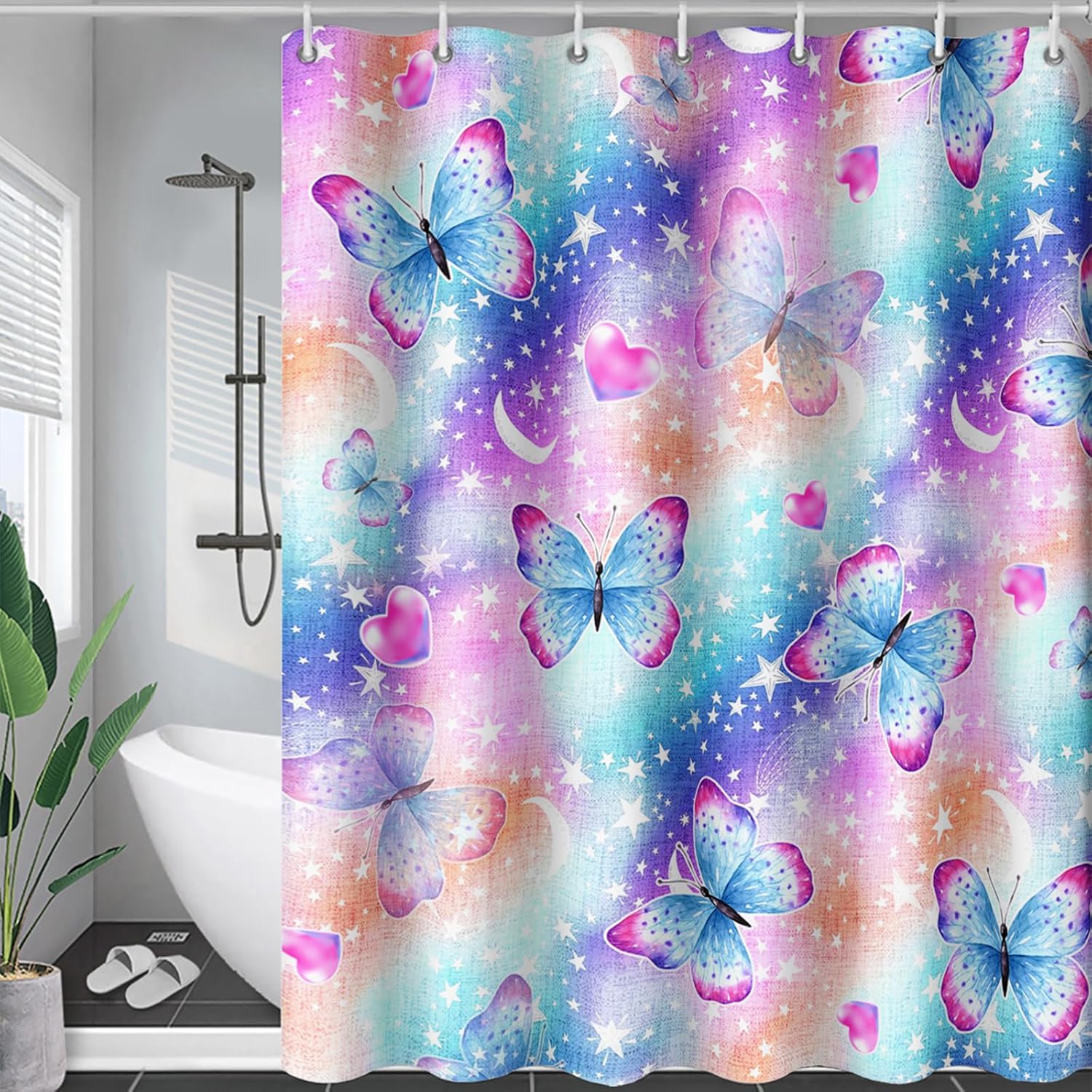 AILONEN Butterfly Shower Curtain for Girls,Kids Rainbow Waterproof Curtain 72" W x 96" H,Colorful Gradient Butterflies Bathroom Decor