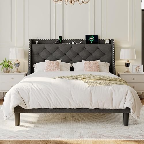 Queen Size Bed Frame with Wingback Button Tufted Storage Headboard and Type AC Ports, Upholstered Platform Bed, Wooden Slats Support, No Box Spring Needed, Noise-Free, Dark Grey