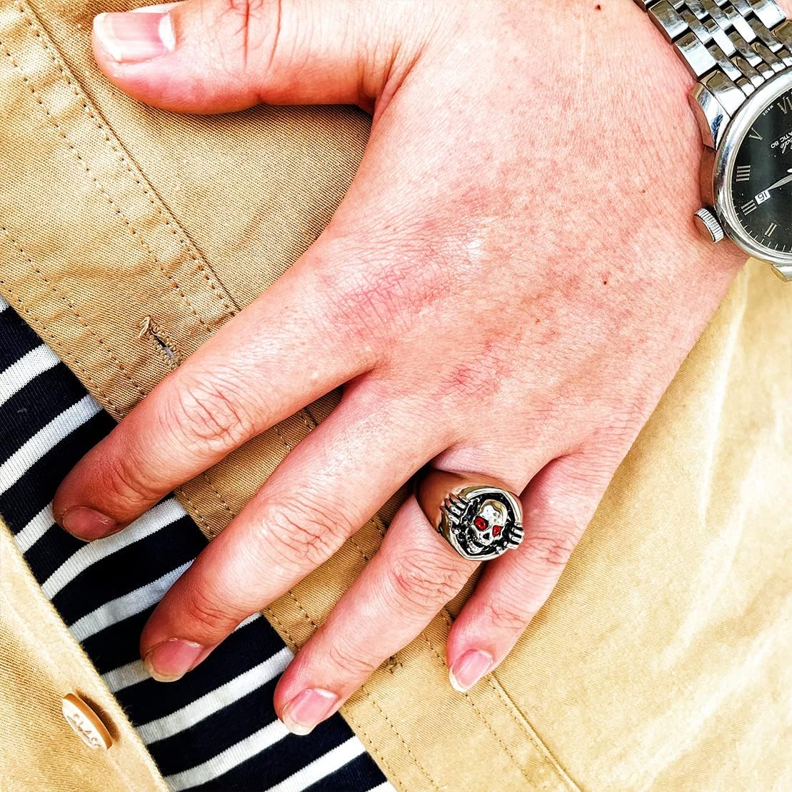 Mens Skull Ring,Cool Exquisite Stainless Steel Skeleton Ring,Gothic Retro Vintage Punk Biker Cocktail Party Death Head Ring Halloween Jewelry for Men - Image 4