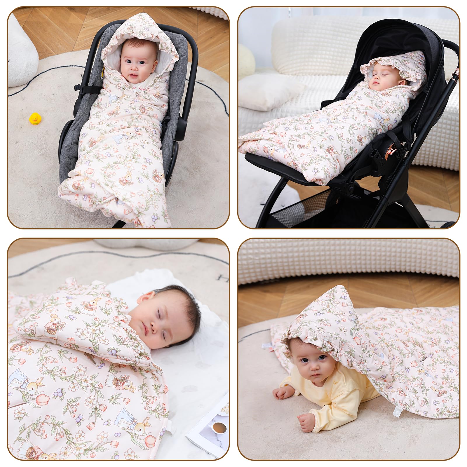 LAT Einschlagdecke für Babyschale, 90 * 90CM Universal Babydecke für Neugeborene, Kuscheldecke mit Kapuze Babydecke für Kinderwagen Buggy Autositz (Kaninchen und Blumen)