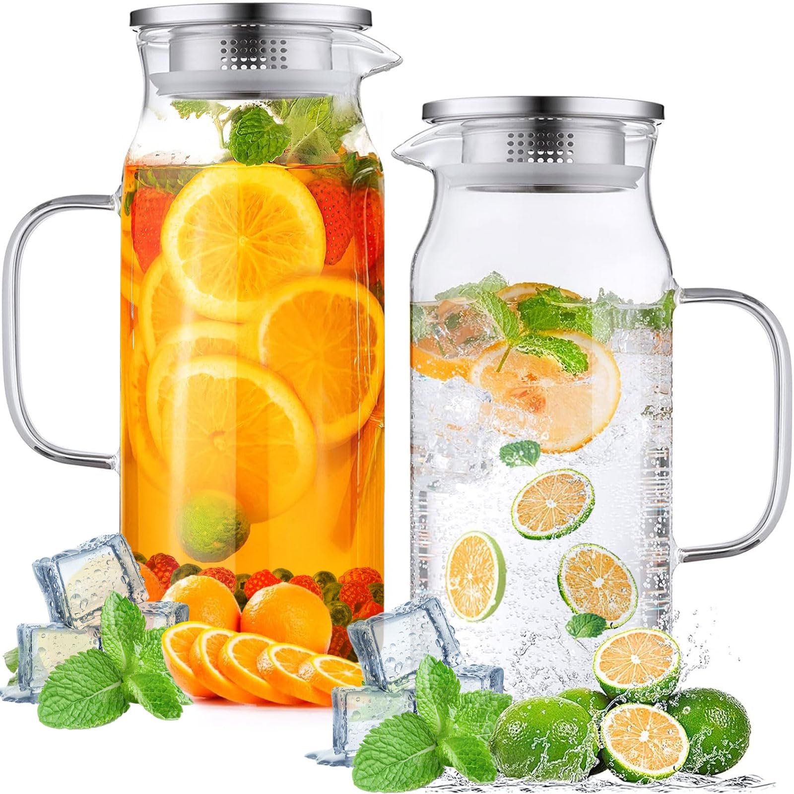 Wexlerey 2 Pack 2 Liter/68 oz Glass Pitcher with Lid and Spout
