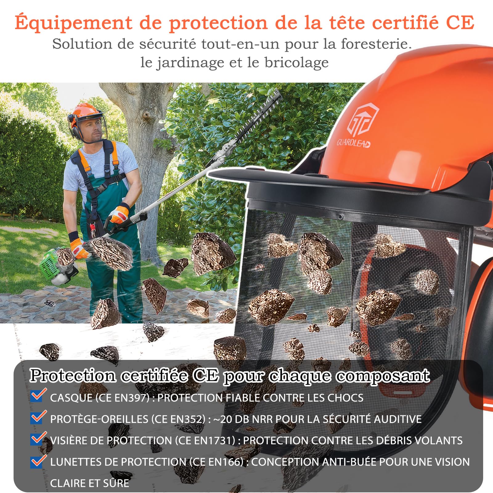 Casque de tronçonneuse avec protection faciale et cache-oreilles - Casque de sécurité pour tronçonneuse - Lunettes anti-buée amovibles