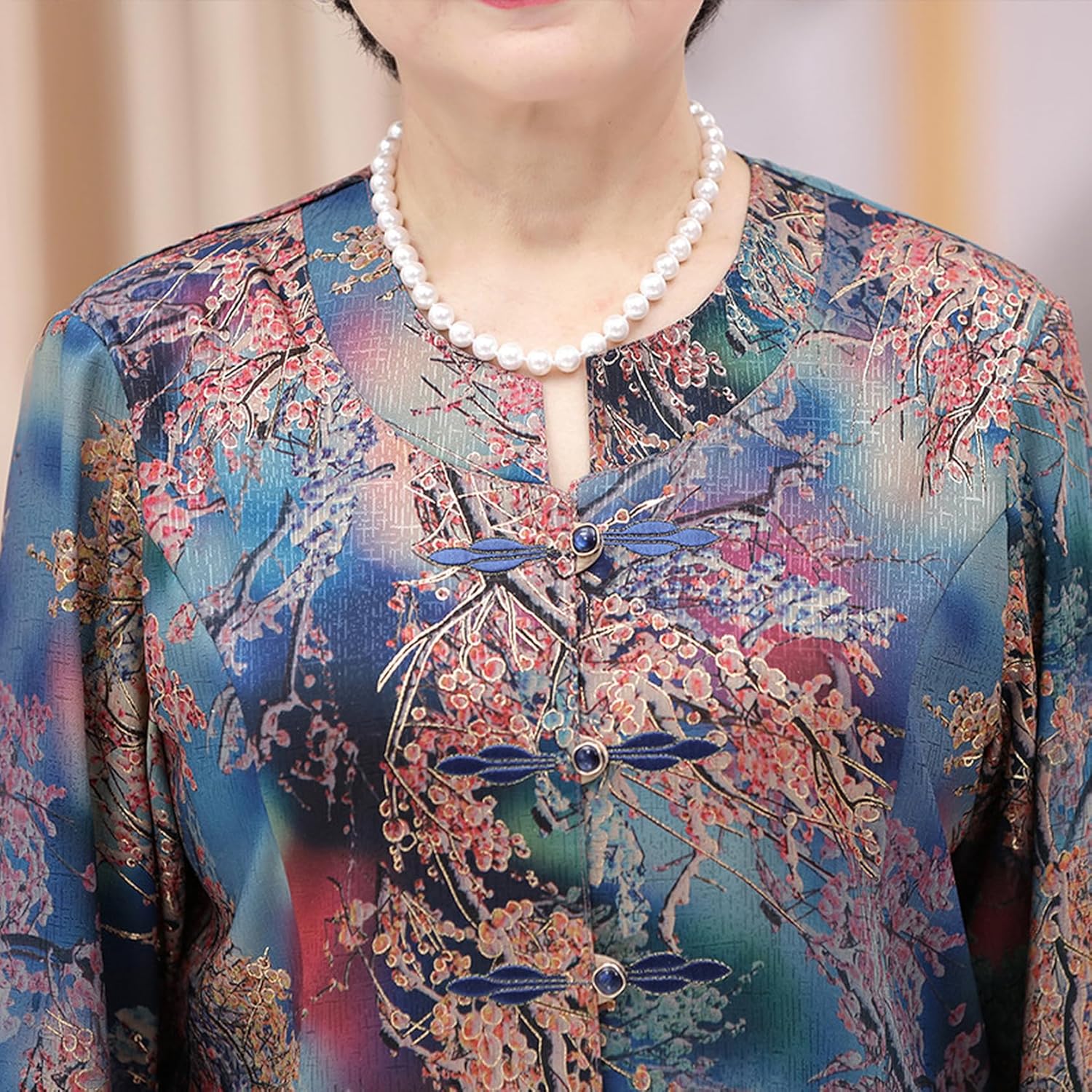 [Muluso] 上下セット 唐装 ブラウス 前開きシャツ 中高年 トップス レディース 5分袖 ボタンダウン おばあちゃん 老人服