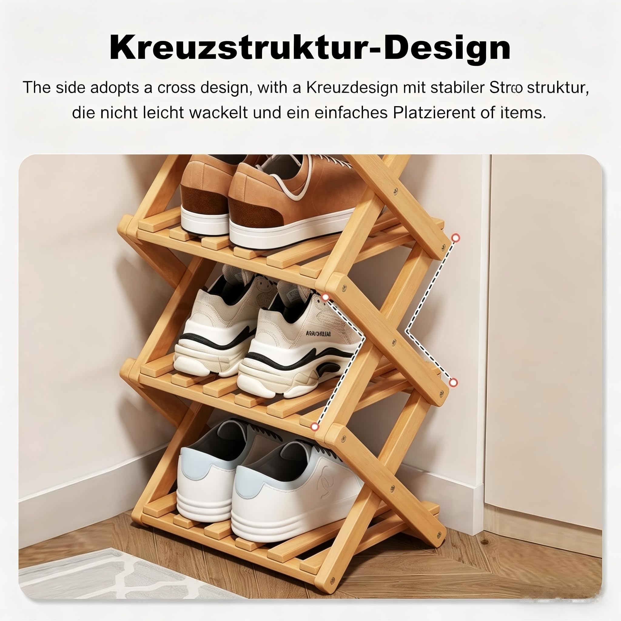 Schuhregal Platzsparend, Faltbares Schuhregal, 4 Ebenen, tragbar, ohne Installation, Schuhorganizer für Korridore, Wohnzimmer, Ecke und kleine Räume, Holzfarbe