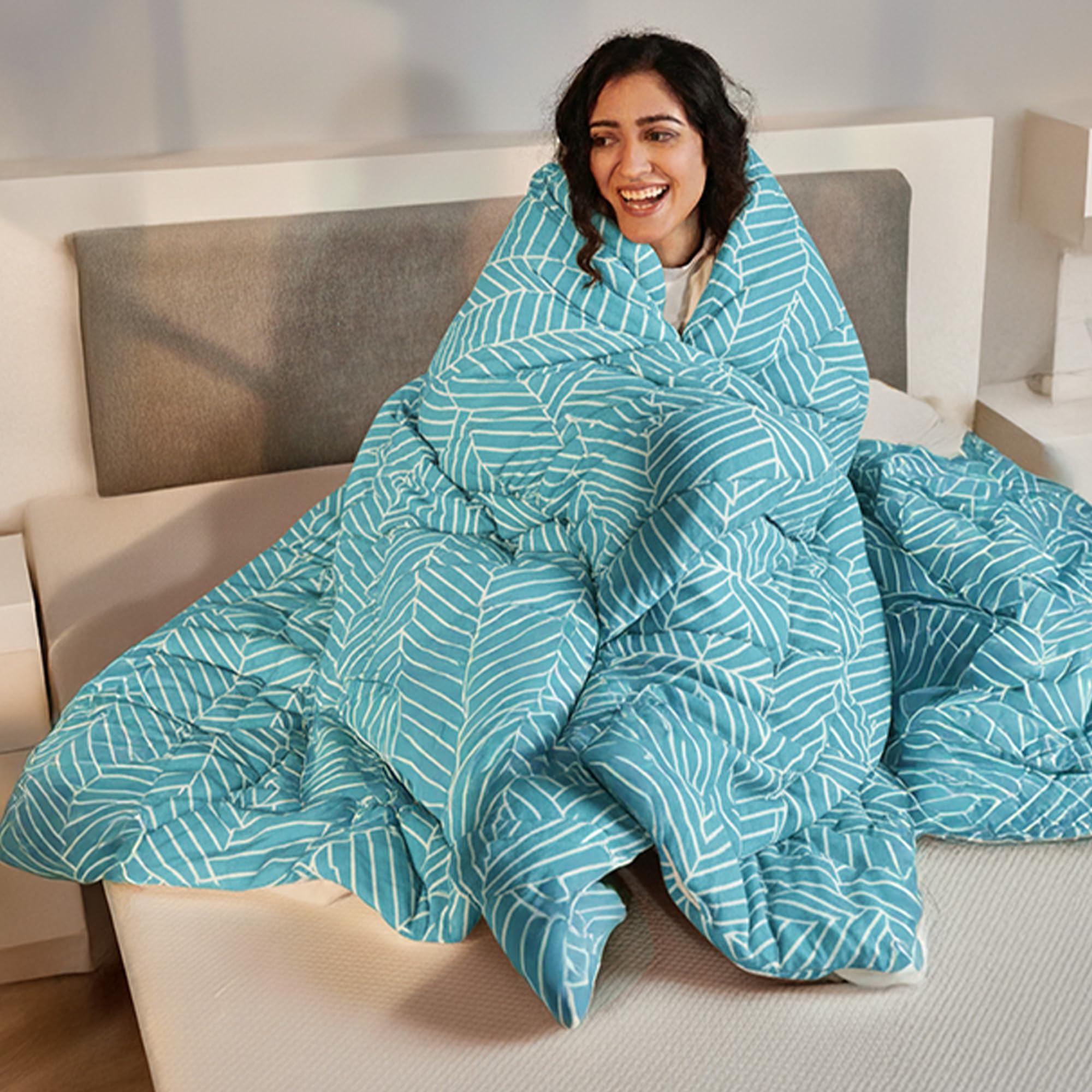 SleepyCat Luxurious All Season Reversible Printed Comforter - 200 TC | Hotel Like Feel with Down Alternative Lightweight Microfiber Fill, Single Size 90x60 Inches (Mist Stripe)-image-37