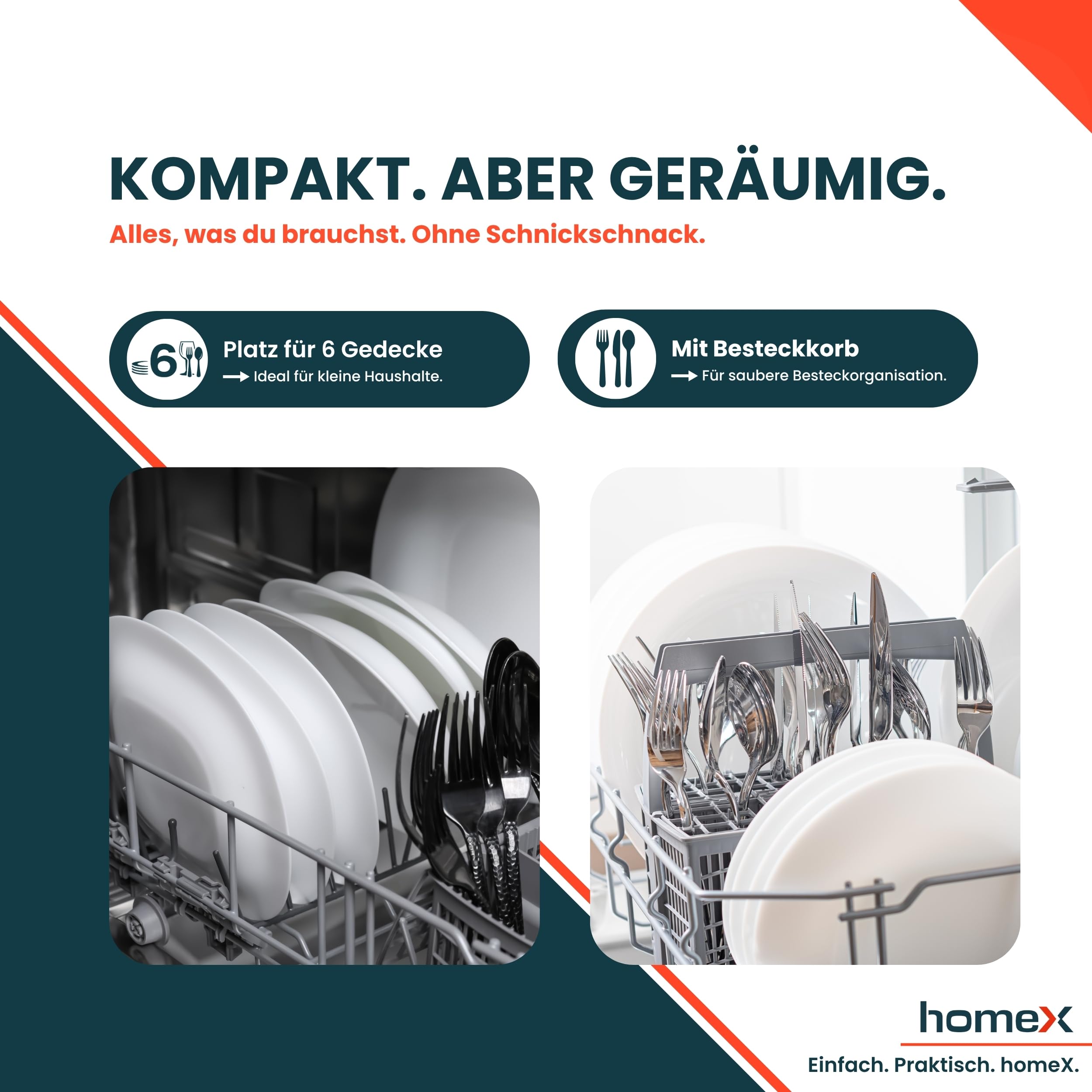 homeX GST6AD-S Tischgeschirrspüler Mini Geschirrspüler für 6 Maßgedecke | 6 Programme, Spülmaschine klein, AquaStop, automatische Türöffnung, ideal für kleine Wohnungen, Tischspülmaschine, silber