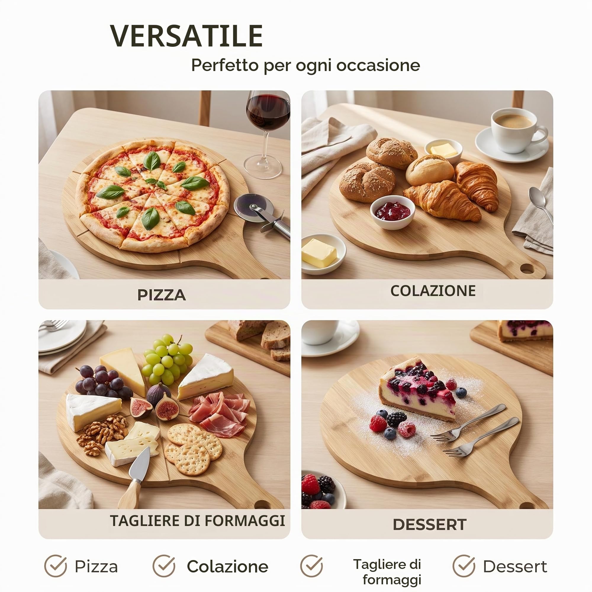 hausleben Piatto per pizza in legno da 33 cm (set da 2 da 3 a 4 pezzi) grande con manico, piattino, tagliere per pizza rotondo, tagliere per pizza e pizza (set da 6)
