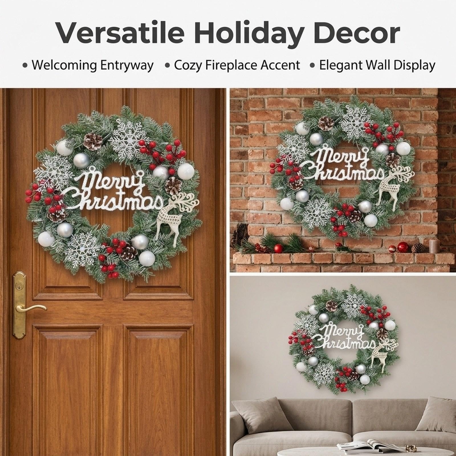 Corona Navideña Decorativa para Puerta, Guirnalda Rústica Artificial para Colgar en La Pared, Guirnalda Navideña para