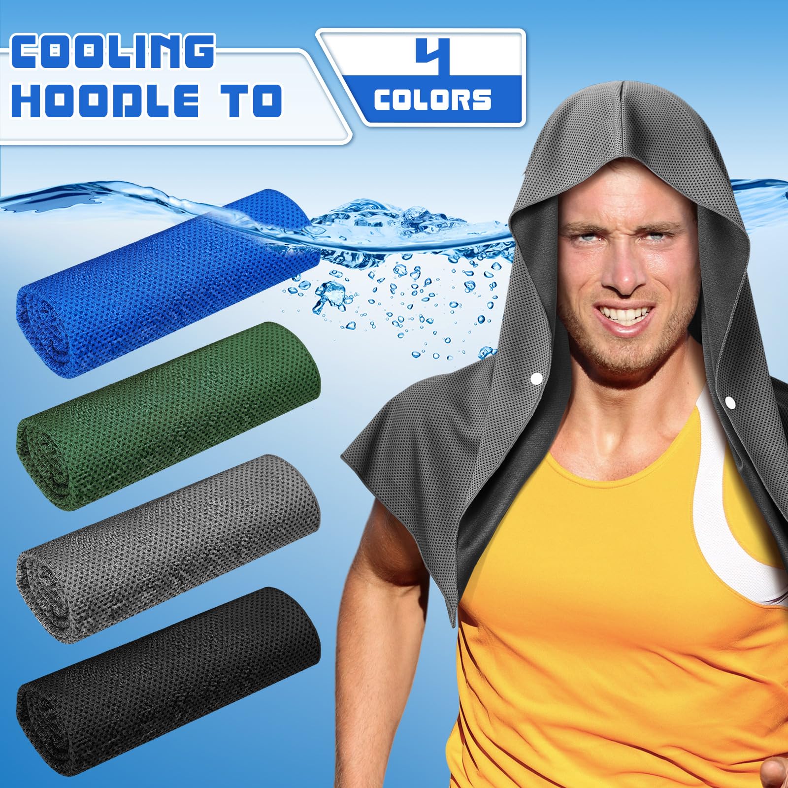 Bencailor 4 Pack Cooling Hoodie Towels Cooling Towels for Neck and Face Head Wrap UPF 50 UV Protection for Yoga Exercise Fitness(Blue Tone)