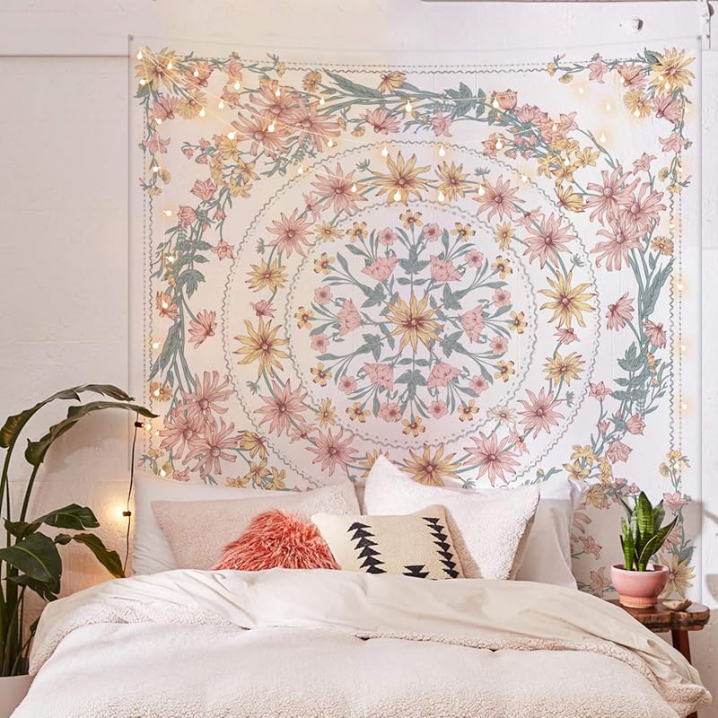 Mandala Floral Medallion Tapestry, Sketched Flower Plant Boho Wall Hanging, Bohemian Tapestries for Bedroom Living Room Dorm Home Décor 59.1 x 80 Inches (RosyBrown)