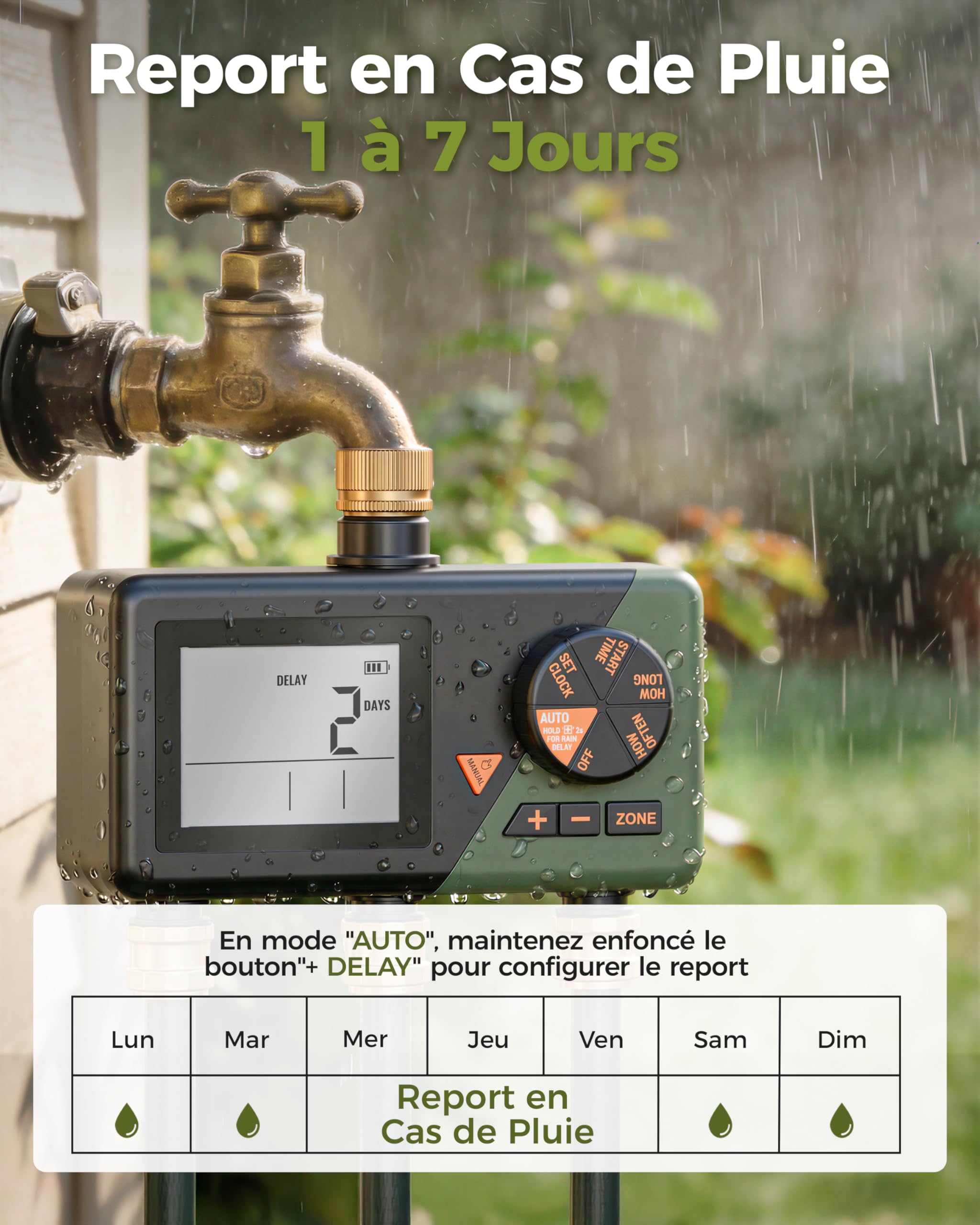 Diivoo Programmateur Arrosage Automatique 3 Voies avec Entrée en Laiton | Grand Écran LCD, Retard de Pluie, Arrosage Manuel/ Automatique, Convient pour Jardin, Pelouse
