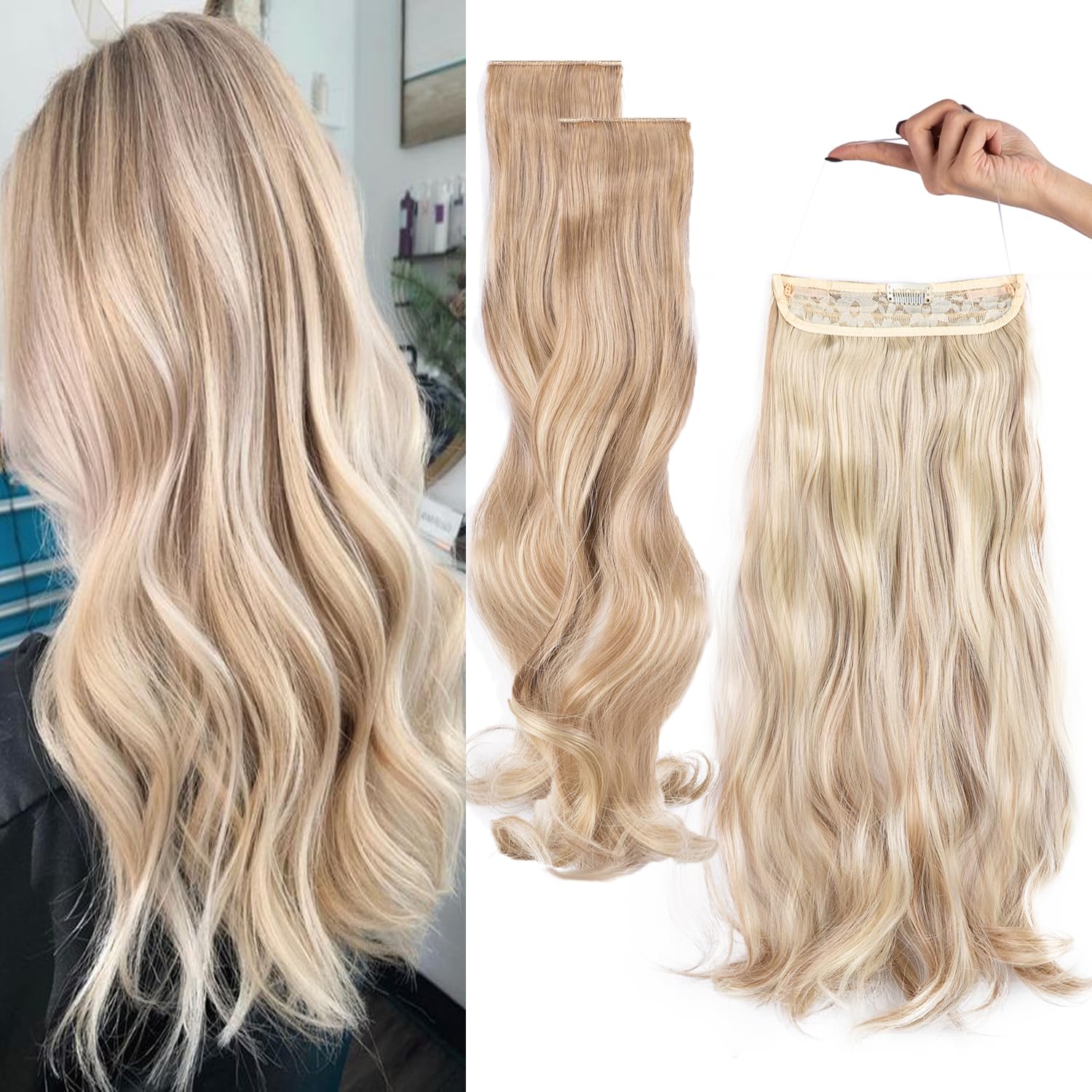Upgrade Invisible Halo Hair Extensions with 3 PCS Set Headband Adjustable Long Wavy Secret Light Blonde & Bleach Blonde Hair Extensions for Women