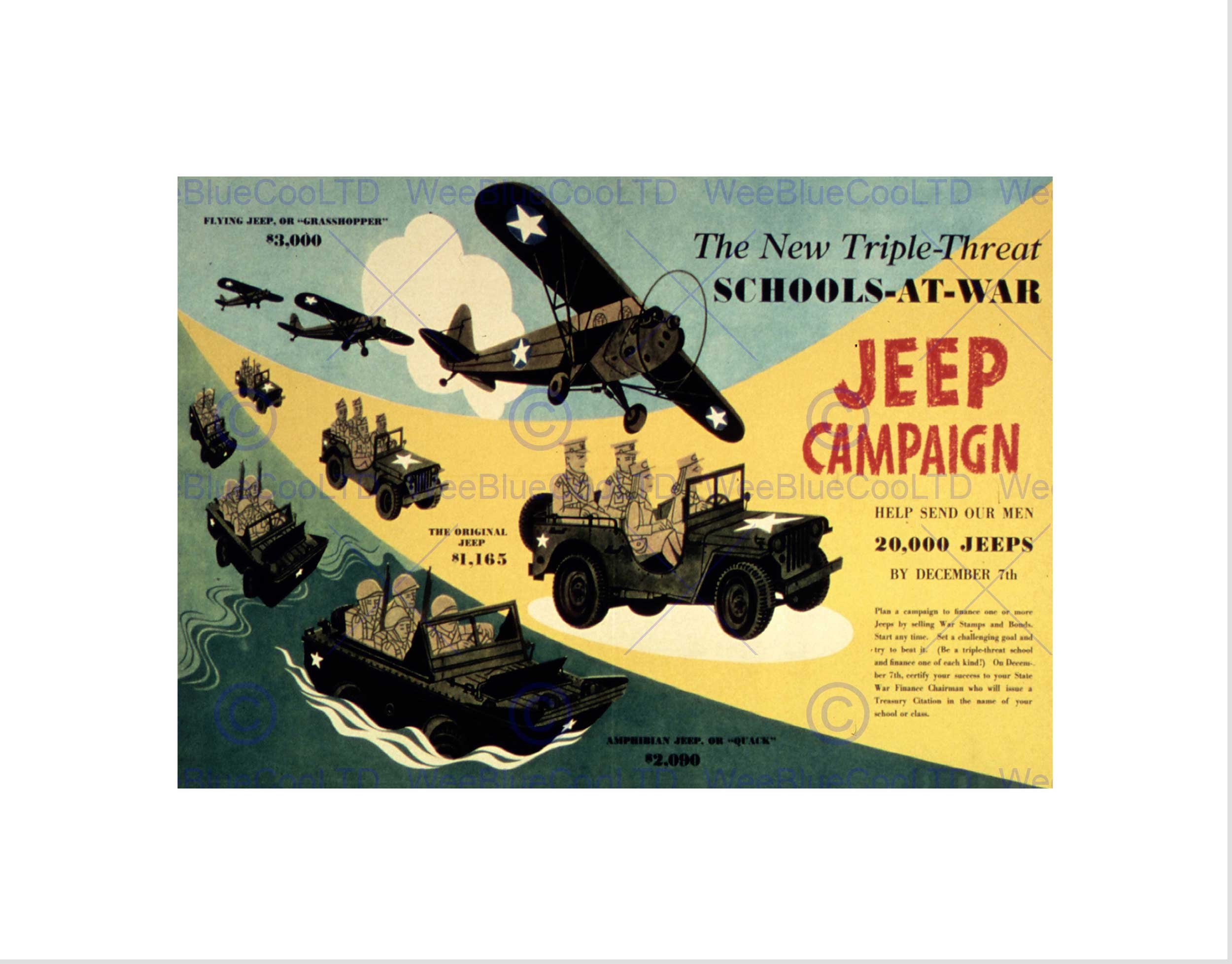 Wee Blue Coo WAR WWII USA JEEP CAMPAIGN SCHOOL BLACK FRAMED ART PRINT B12X7166