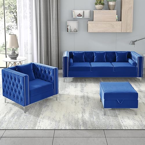 Mjkone Sectional Sofa Set, Velvet Upholstered 3-Seat Convertible Sofa with Storage Ottoman and Armchair, Button Tufted & Nailhead Trim Modular Sectional Sofa for Living Room (Blue)