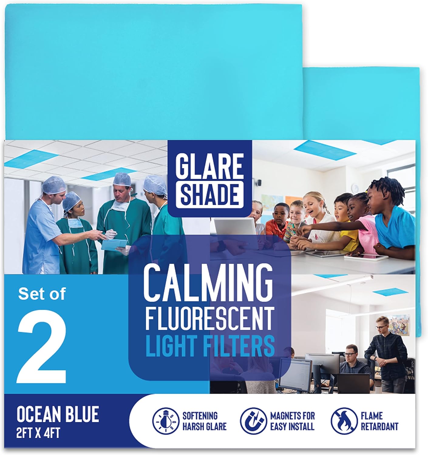 Fluorescent Light Covers for Classroom or Office | Magnetic Fluorescent Light Covers for Ceiling Lights Provide Relief from Glare, Headaches, & Sensory Overload | 2 Count Blue